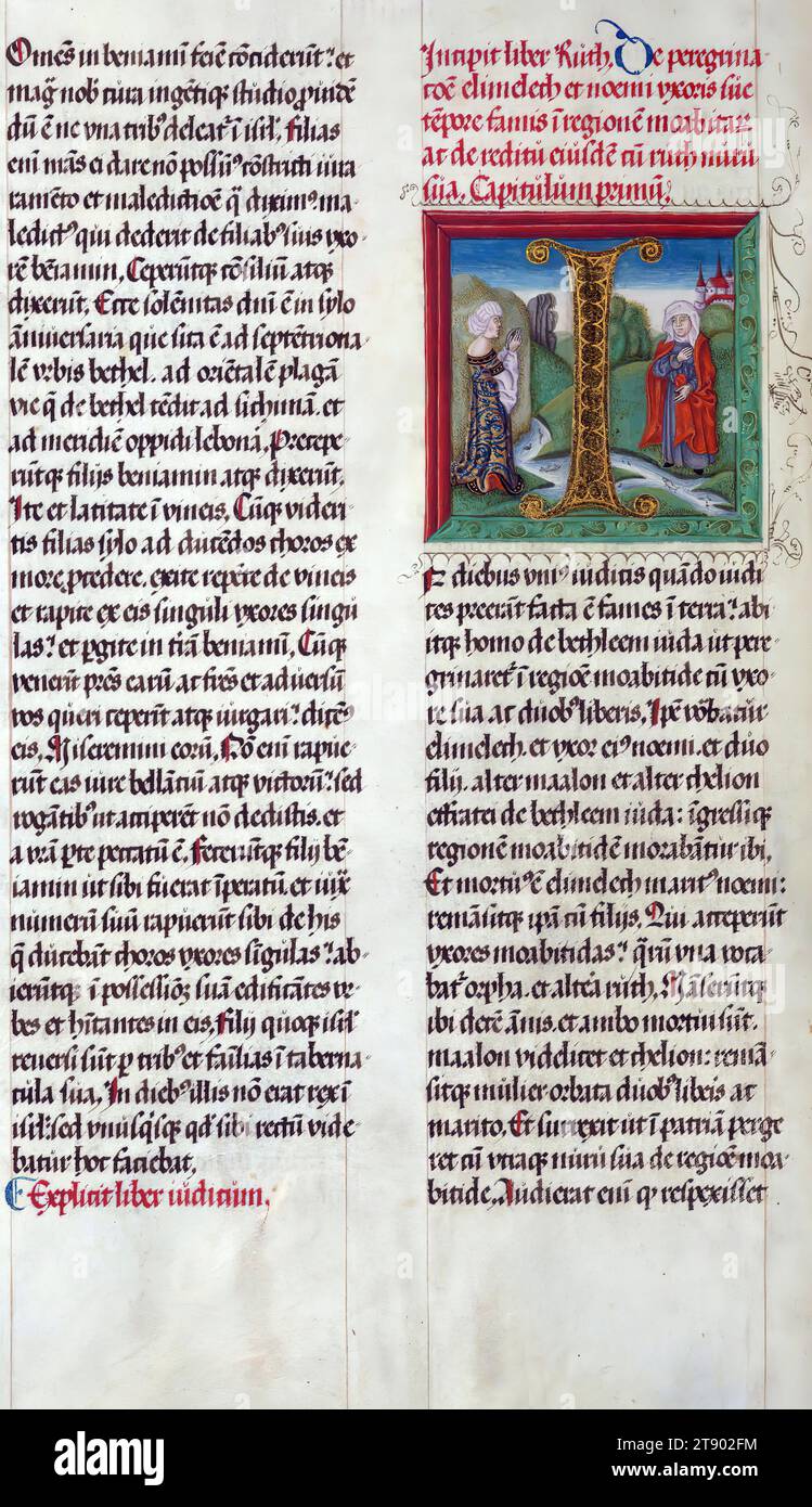 Beleuchtete Handschrift, Bibel (Teil), Naomi und Ruth, diese großformatige Handschrift enthält die ersten acht Bücher des Alten Testaments, Genesis durch Ruth. Das Datum der Fertigstellung ist der 2. Februar 1507. Die Erleuchtung der Schöpfung innerhalb eines kosmographischen Schemas basiert zum Teil auf den Holzschnittabbildungen der Schöpfung in der Koberger Bibel von 1483 und der Nürnberger Chronik von 1493 desselben Druckers. Große historische Initialen markieren den Anfang jedes Buches Stockfoto