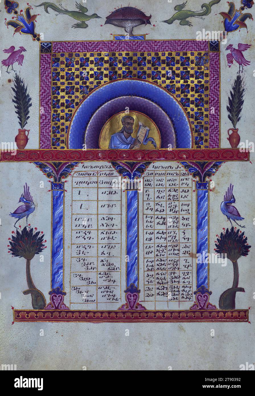 T’oros Roslin Gospels, Canon Table with Jonah, dieses Manuskript wurde 1262 von T’oros Roslin, einem äußerst prominenten Illuminator, gefertigt, der das Spektrum der handschriftlichen Illuminationen erweiterte, indem er einen ganzen Bildzyklus in die Evangelien einführte, anstatt, wie traditionell, nur die Porträts der Evangelisten einzubeziehen. Diese spezielle Handschrift wurde im Scriptorium von Hromkla erstellt, das unter der Herrschaft des katholikos Konstantin I. (1221–1267) zum führenden künstlerischen Zentrum der armenischen Kilikien wurde. Stockfoto