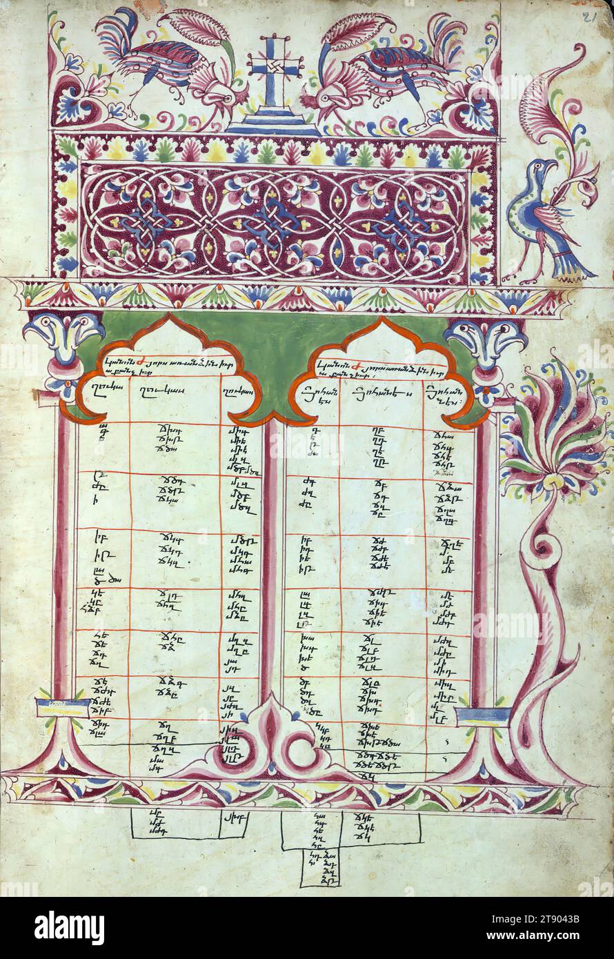 Evangelien, Kanonischer Tisch mit Hähnen, Kreuz und Johannes-Evangelist-Symbolen, dieses Armenische Evangeliumsbuch wurde 904 der armenischen Ära (1455 n. Chr.) im Kloster Gamałiēl in Xizan vom Schreiber Yohannēs Vardapet, Sohn von Vardan und Dilšat, produziert und wurde vom Priester Xačʿatur beleuchtet. Der Priester Pʿilipos gab das Manuskript als Gedenkstätte für sich selbst, seine Eltern Łazar und Xutʿlumēlikʿ in Auftrag. Pʿilipos ist neben seinen Brüdern Yusēpʿ und Sultanša dargestellt, die vor der Jungfrau und dem Kind auf dem Thron knien (Theotokos) Stockfoto