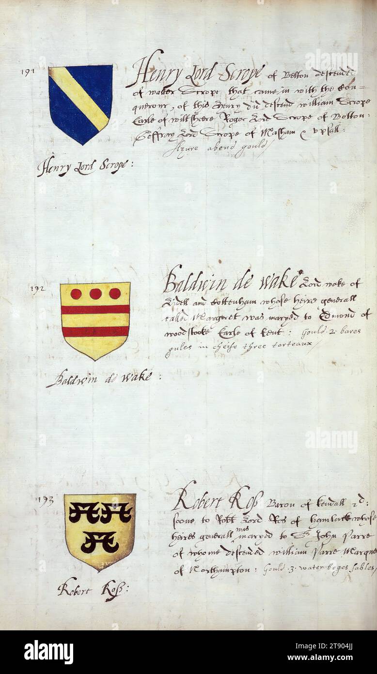 Buch der englischen Heraldik, Wappen von Henry Lord Scrope, Baldwin de Wake und Robert Ros(s), dieses Buch der englischen Heraldik wurde um ca. 1589. Das Manuskript gehörte der Familie Spencer, bekannt durch Inschriften auf den ersten Flügelblättern, einschließlich des Mottos „Dieu defende Le Droit“ (Gott verteidigt die Rechte). Dieses Motto wurde seit langem mit der Familie Spencer aus England, der Familie von Prinzessin Diana, sowie den Spencers, die zu den Gründern von Virginia gehörten, in Verbindung gebracht Stockfoto