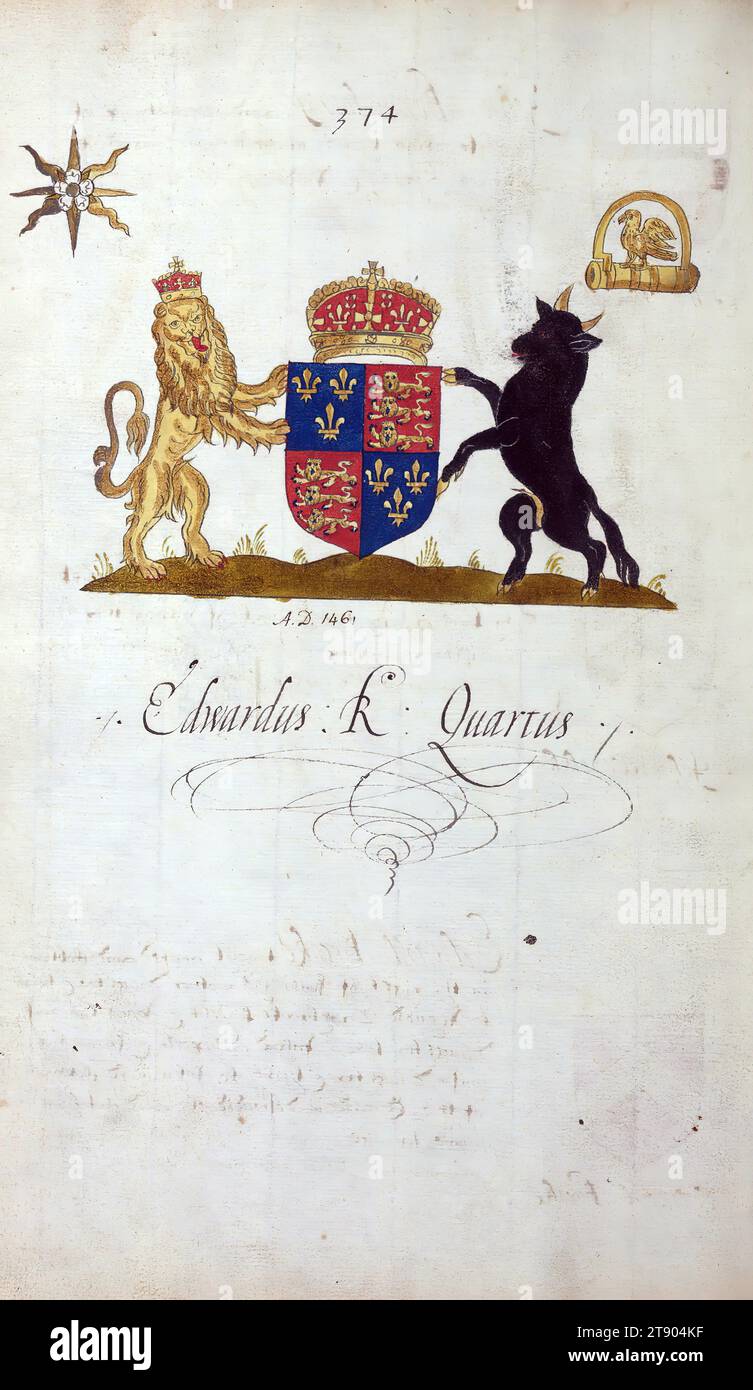 Buch der englischen Heraldik, Wappen von Edwardus Rex Quartus, dieses Buch der englischen Heraldik wurde um ca. 1589. Das Manuskript gehörte der Familie Spencer, bekannt durch Inschriften auf den ersten Flügelblättern, einschließlich des Mottos „Dieu defende Le Droit“ (Gott verteidigt die Rechte). Dieses Motto wurde seit langem mit der Familie Spencer aus England, der Familie von Prinzessin Diana, sowie den Spencers, die zu den Gründern von Virginia gehörten, in Verbindung gebracht Stockfoto