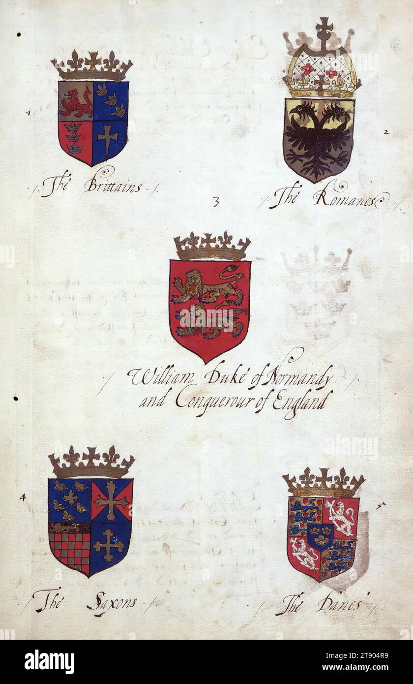 Buch der englischen Heraldik, Wappen der Briten, der Romanen, Wilhelm Herzog der Normandie, Eroberer von England, die Sachsen, die Dänen, dieses Buch der englischen Heraldik wurde um ca. 1589. Das Manuskript gehörte der Familie Spencer, bekannt durch Inschriften auf den ersten Flügelblättern, einschließlich des Mottos „Dieu defende Le Droit“ (Gott verteidigt die Rechte). Dieses Motto wurde seit langem mit der Familie Spencer aus England, der Familie von Prinzessin Diana, sowie den Spencers, die zu den Gründern von Virginia gehörten, in Verbindung gebracht Stockfoto