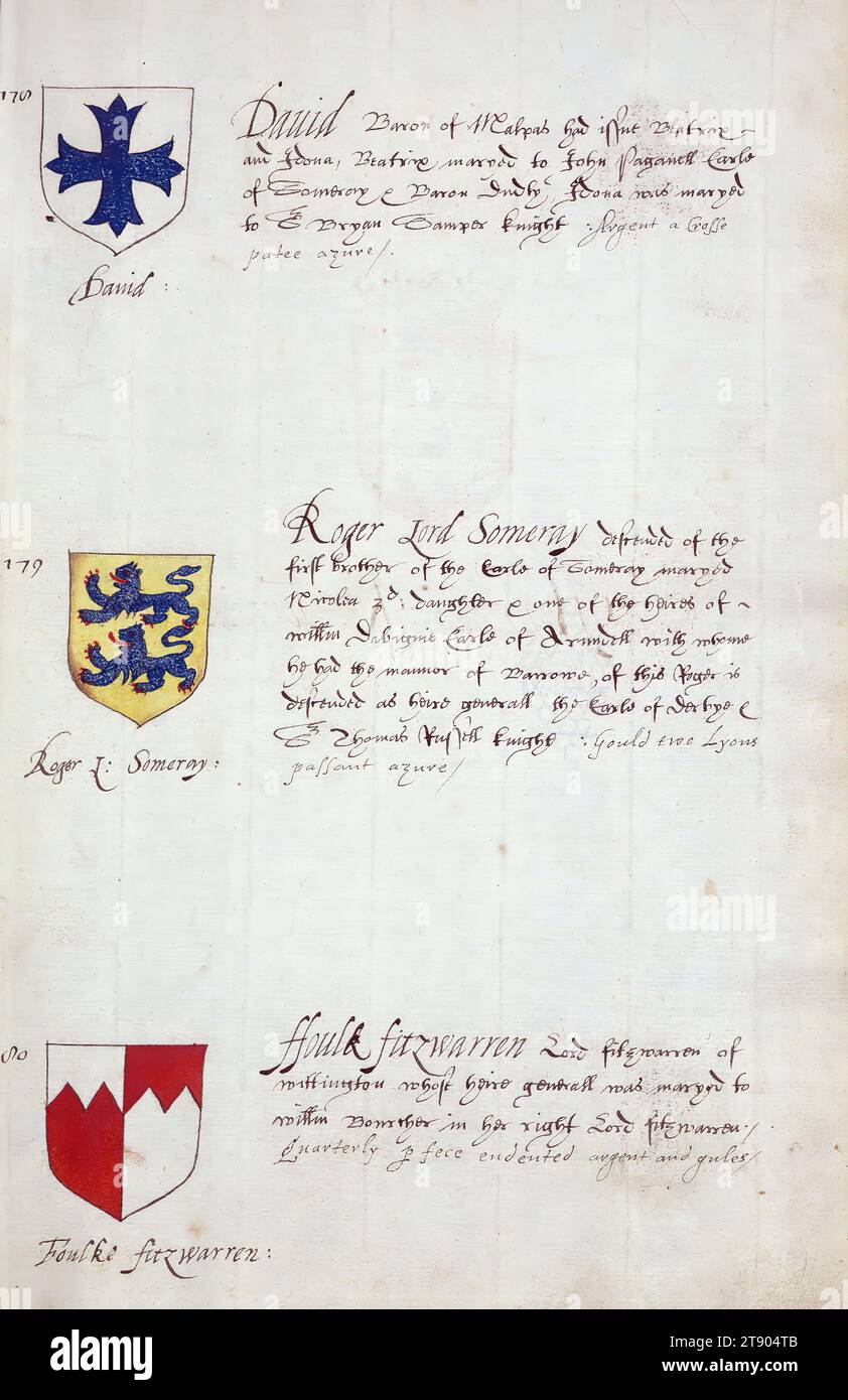 Buch der englischen Heraldik, Wappen von David, Roger Lord Someray und Foulke fitzwarren, dieses Buch der englischen Heraldik wurde um ca. 1589. Das Manuskript gehörte der Familie Spencer, bekannt durch Inschriften auf den ersten Flügelblättern, einschließlich des Mottos „Dieu defende Le Droit“ (Gott verteidigt die Rechte). Dieses Motto wurde seit langem mit der Familie Spencer aus England, der Familie von Prinzessin Diana, sowie den Spencers, die zu den Gründern von Virginia gehörten, in Verbindung gebracht Stockfoto