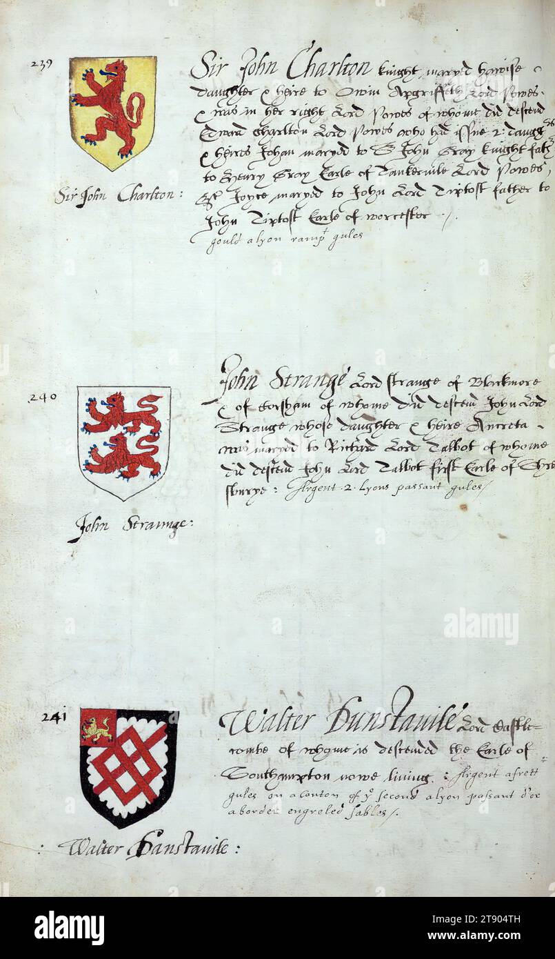 Buch der englischen Heraldik, Wappen von Sir John Charlton, John Strange und Walter Danstavile, dieses Buch der englischen Heraldik wurde um ca. 1589. Das Manuskript gehörte der Familie Spencer, bekannt durch Inschriften auf den ersten Flügelblättern, einschließlich des Mottos „Dieu defende Le Droit“ (Gott verteidigt die Rechte). Dieses Motto wurde seit langem mit der Familie Spencer aus England, der Familie von Prinzessin Diana, sowie den Spencers, die zu den Gründern von Virginia gehörten, in Verbindung gebracht Stockfoto