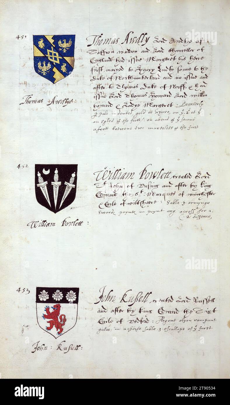 Buch der englischen Heraldik, Wappen von Thomas Awdly, William Powlett und John Russell, dieses Buch der englischen Heraldik wurde um ca. 1589. Das Manuskript gehörte der Familie Spencer, bekannt durch Inschriften auf den ersten Flügelblättern, einschließlich des Mottos „Dieu defende Le Droit“ (Gott verteidigt die Rechte). Dieses Motto wurde seit langem mit der Familie Spencer aus England, der Familie von Prinzessin Diana, sowie den Spencers, die zu den Gründern von Virginia gehörten, in Verbindung gebracht Stockfoto