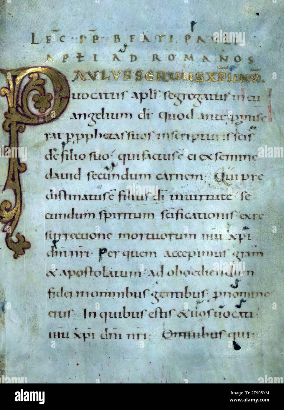 Lectionary, Initial P, dieses Lectionary wurde erstellt ca. 1000 in Trier. Geschrieben in einer klaren Caroline-Minuskel, enthält es verzierte Initialen an den Öffnungen wichtiger Lesungen. Eine Reihe von leuchtenden Buchstaben markiert den Beginn des Briefes und des Evangeliums für Ostern; sie zeigen die Hierarchie der Schriften mit Großbuchstaben, die mit Blattgold verziert oder mit roter Tinte gezeichnet sind, gefolgt von unziellen und Caroline Minuskel. Initialen in Orange, manchmal mit Gold gefüllt, markieren die Unterteilungen des Textes Stockfoto