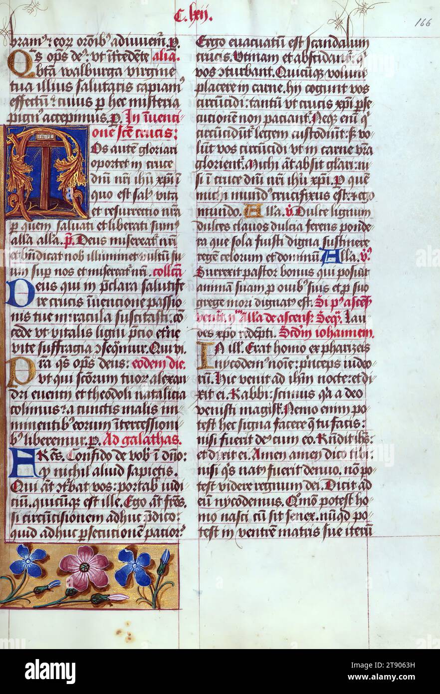 Master of the Dark Eyes Missale, Initial N mit dem Kreuz, dieses lateinische Missale wurde in Utrecht, Niederlande, ca. 1500. Porträts der ursprünglichen Besitzer, deren Namen nicht dokumentiert sind, werden von Heraldik begleitet, die darauf hinweist, dass der Ehemann aus der Familie St. stammte Férréol von Dauphiné; die Ehefrau gehörte der Familie Cambronne von Ponthieu an. Das Manuskript ist mit mehr als fünfzig historisierten Initialen und Miniaturen von einer Künstlergruppe beleuchtet, die als „Meister der dunklen Augen“ bekannt ist Stockfoto