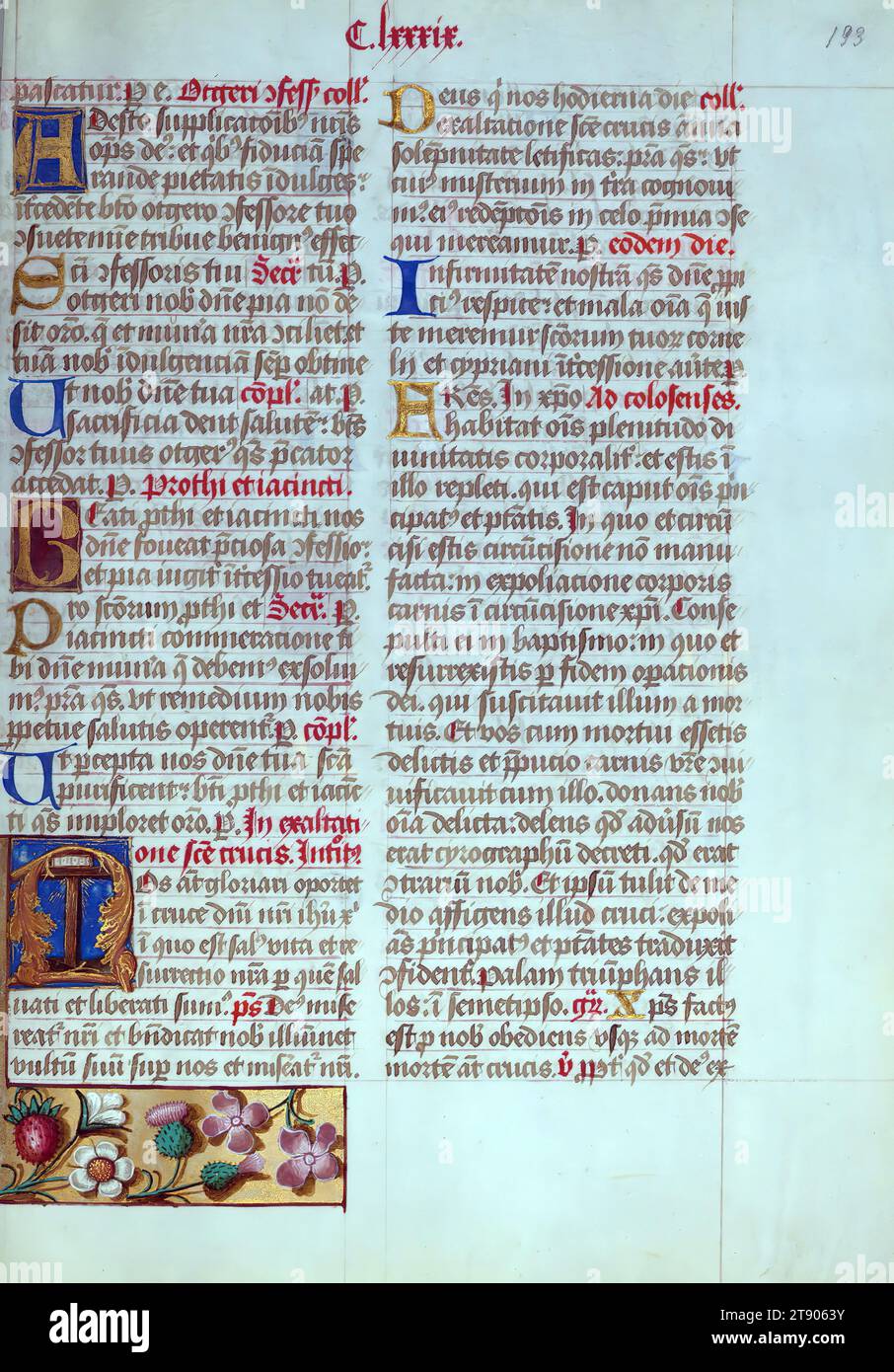 Master of the Dark Eyes Missale, Initial N mit dem Kreuz, dieses lateinische Missale wurde in Utrecht, Niederlande, ca. 1500. Porträts der ursprünglichen Besitzer, deren Namen nicht dokumentiert sind, werden von Heraldik begleitet, die darauf hinweist, dass der Ehemann aus der Familie St. stammte Férréol von Dauphiné; die Ehefrau gehörte der Familie Cambronne von Ponthieu an. Das Manuskript ist mit mehr als fünfzig historisierten Initialen und Miniaturen von einer Künstlergruppe beleuchtet, die als „Meister der dunklen Augen“ bekannt ist Stockfoto