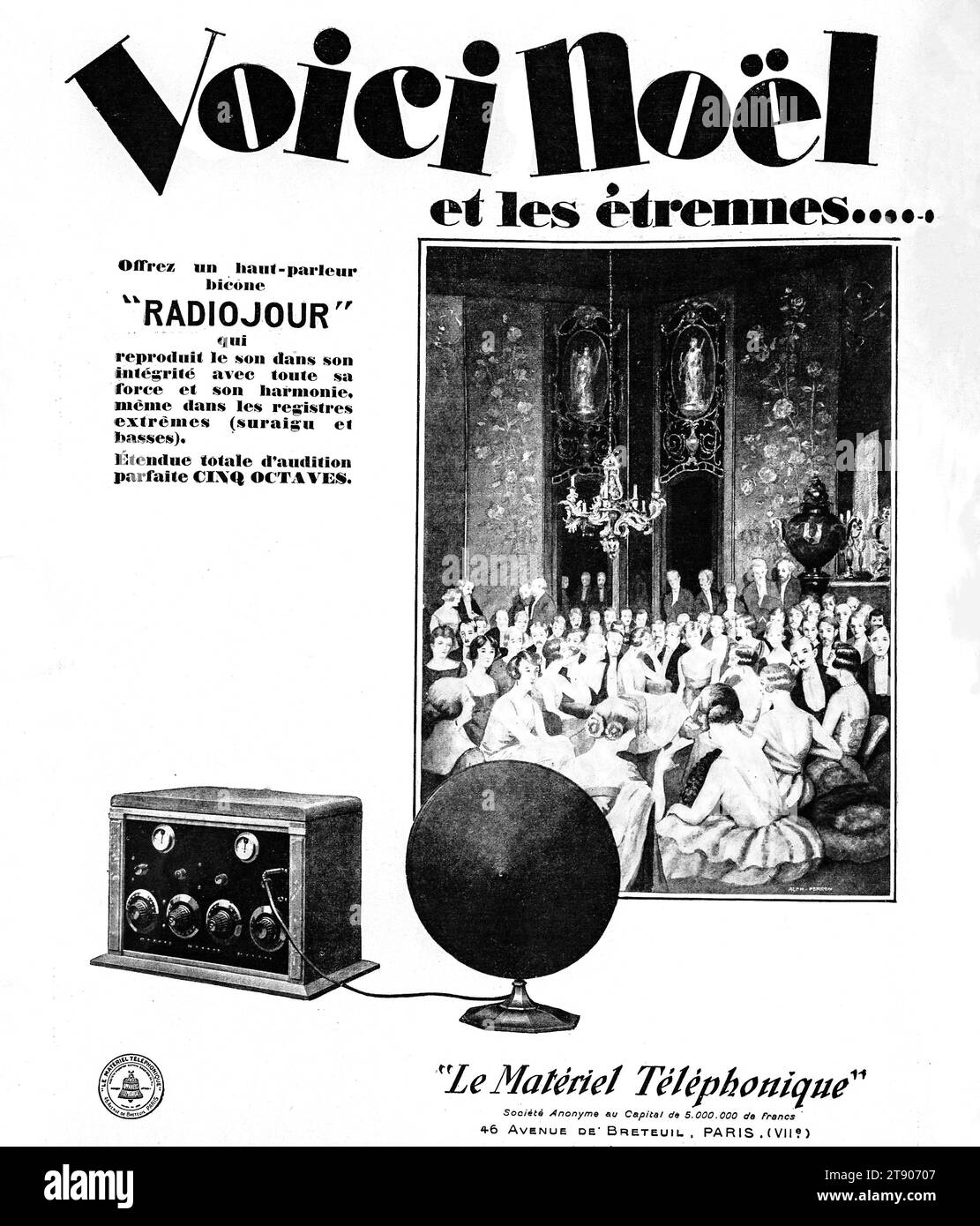 Eine französische Werbung aus den 1920er Jahren für einen bikonischen „RADIOJOUR“-Lautsprecher mit perfekter 5-Oktaven-Klangwiedergabe. Stockfoto
