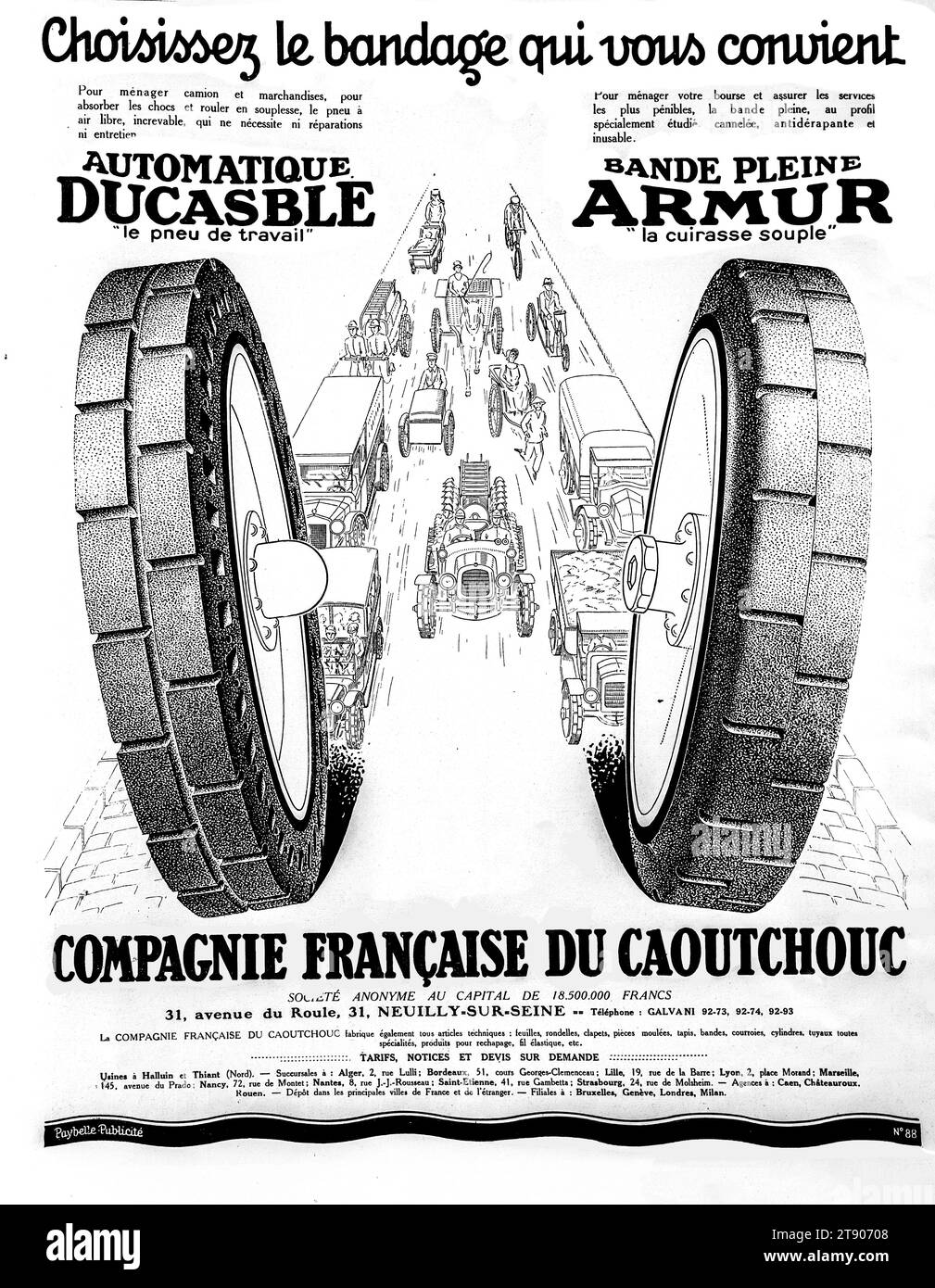 Französische Werbung für Ducasble- und Armur-Reifen Anfang des 20. Jahrhunderts, die langlebige Reifen enthielt. Stockfoto