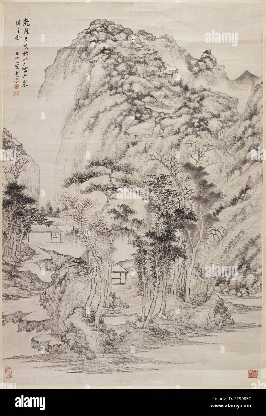 Landscape in the Orthodox Manier, 1791, Wang Chen, 1720 - 1797, 33 13/16 x 22 13/16 Zoll (85,88 x 57,94 cm) (Bild)39 3/4 x 28 5/8 Zoll (100,97 x 72,71 cm) (Montierung), Tinte auf Papier, China, 18. Jahrhundert, die Inschrift oben links in dieser orthodoxen Tintenlandschaft steht, gemalt in der offiziellen Residenz in Zhengling im achten Herbst des Xin-Hai-Jahres der Qianlong-Herrschaft (1791). Signiert: Der 72-jährige Wang Chen. Es gibt zwei Künstlersiegel und zwei Sammlersiegel, die die Li-Familie von Jiang Yin in der Provinz Jiangsu identifizieren Stockfoto