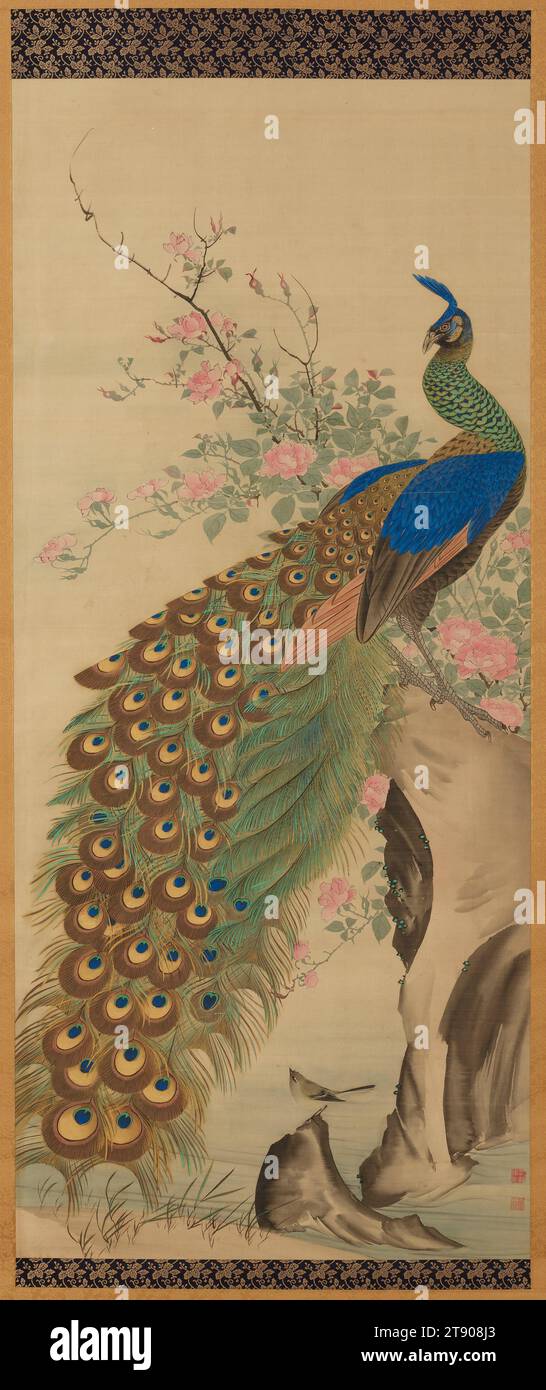 Pfau und Blumen rechts eines Paares von Vögeln und Blumen, um 1840, Nagasawa Roshū, Japanisch, 1767-1847, 50 1/2 x 1/8 Zoll (128,27 x 56,2 cm) (Bild)76 x 3/4 Zoll (193,04 x 70,49 cm), Tinte und Farbe auf Seide, Japan, 19. Jahrhundert, Künstler der Maruyama School of Painting kombinierten westlichen Realismus mit der indigenen Vorliebe für dekoratives Design, um Werke von großem Naturalismus und angenehmer visueller Wirkung zu produzieren. Nagasawa Roshū, Schüler des Vorläufers der Schule und Adoptivsohn eines ihrer führenden Meister, war selbst Meister dieses Stils. Stockfoto