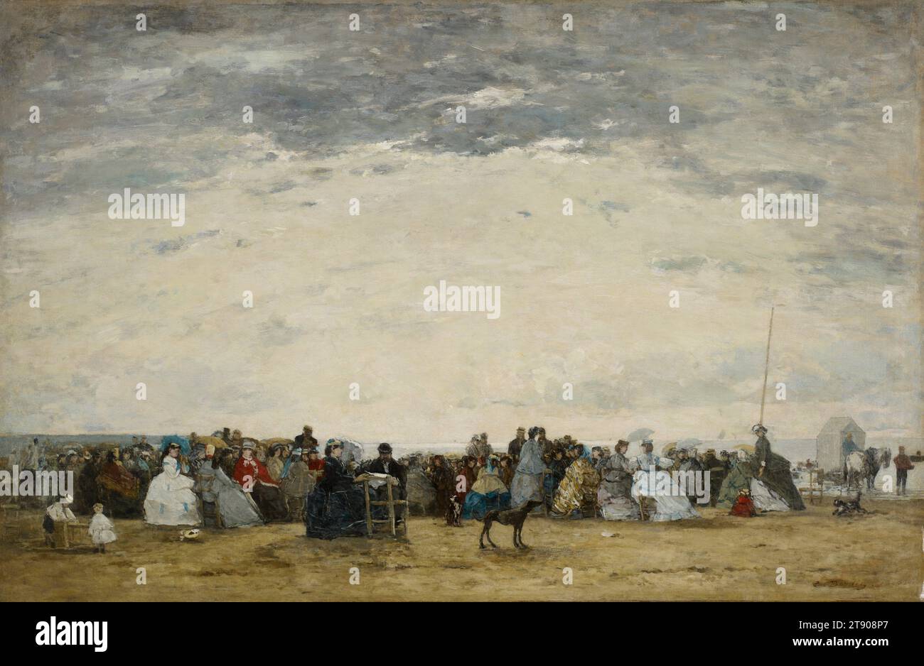 Urlauber am Strand in Trouville, 1864, Eugène-Louis Boudin, Französisch, 1824 - 1898, 1/2 x 41 Zoll (67,31 x 104,14 cm) (Leinwand)35 7/8 x 50 1/4 x 4 Zoll (91,12 x 127,64 x 10,16 cm) (Außenrahmen), Öl auf Leinwand, Frankreich, 19. Jahrhundert, dies ist eines von Eugène Boudins vielen Gemälden der Normandie Küste in Nordfrankreich. Um 1862 begann Boudin seine Arbeit in Trouville, einem Sommerresort, das von den neuen Bahnlinien aus Paris bedient wird. Dort genossen gutmütige Stadtbewohner eine neue Art Urlaub: Den Strandurlaub. Stockfoto