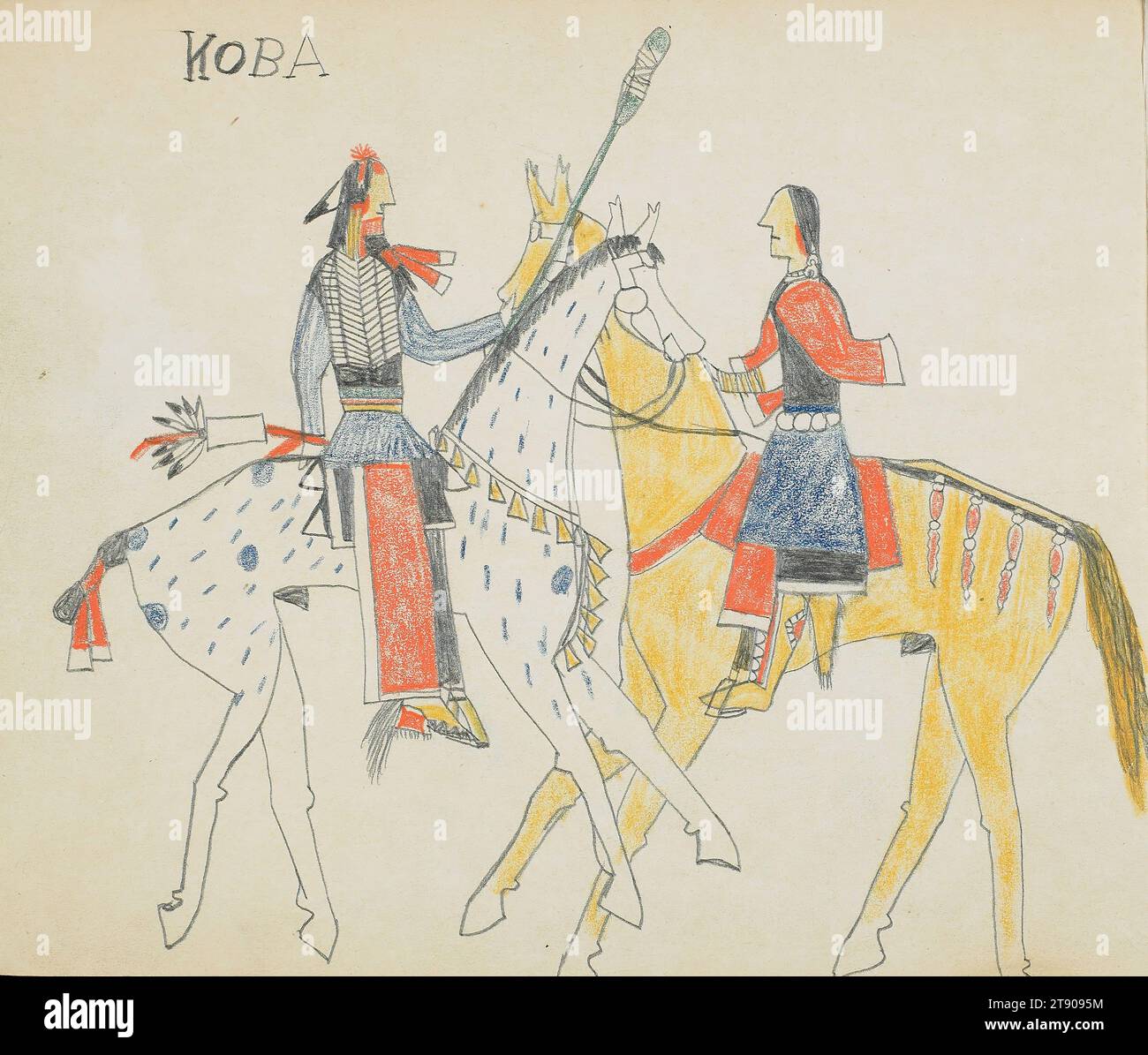 Sketchbook, 1876, Koba, Ka'igwu (Kiowa), Ka'igwu (Kiowa), 1848 - 1880, 6 3/4 x 8 3/8 x 1/8 Zoll (17,15 x 21,27 x 0,32 cm) (geschlossen), Graphit und Buntstift auf Papier, USA, 19. Jahrhundert, Eine Jahrtausende alte Kunstform, Plains Indian Zeichnungen erscheinen auf Felsen, Fellen, Musselin, Tuch und Papier. Zeichnungen können eine Vielzahl von Themen darstellen, darunter große Leistungen einzelner Männer, wichtige historische Ereignisse und zeremonielles und tägliches Leben auf den Plains. Der Kiowa-Künstler Koba schuf ein Skizzenbuch, als er fälschlicherweise in Fort Marion in St. inhaftiert war Augustine, Florida. Stockfoto