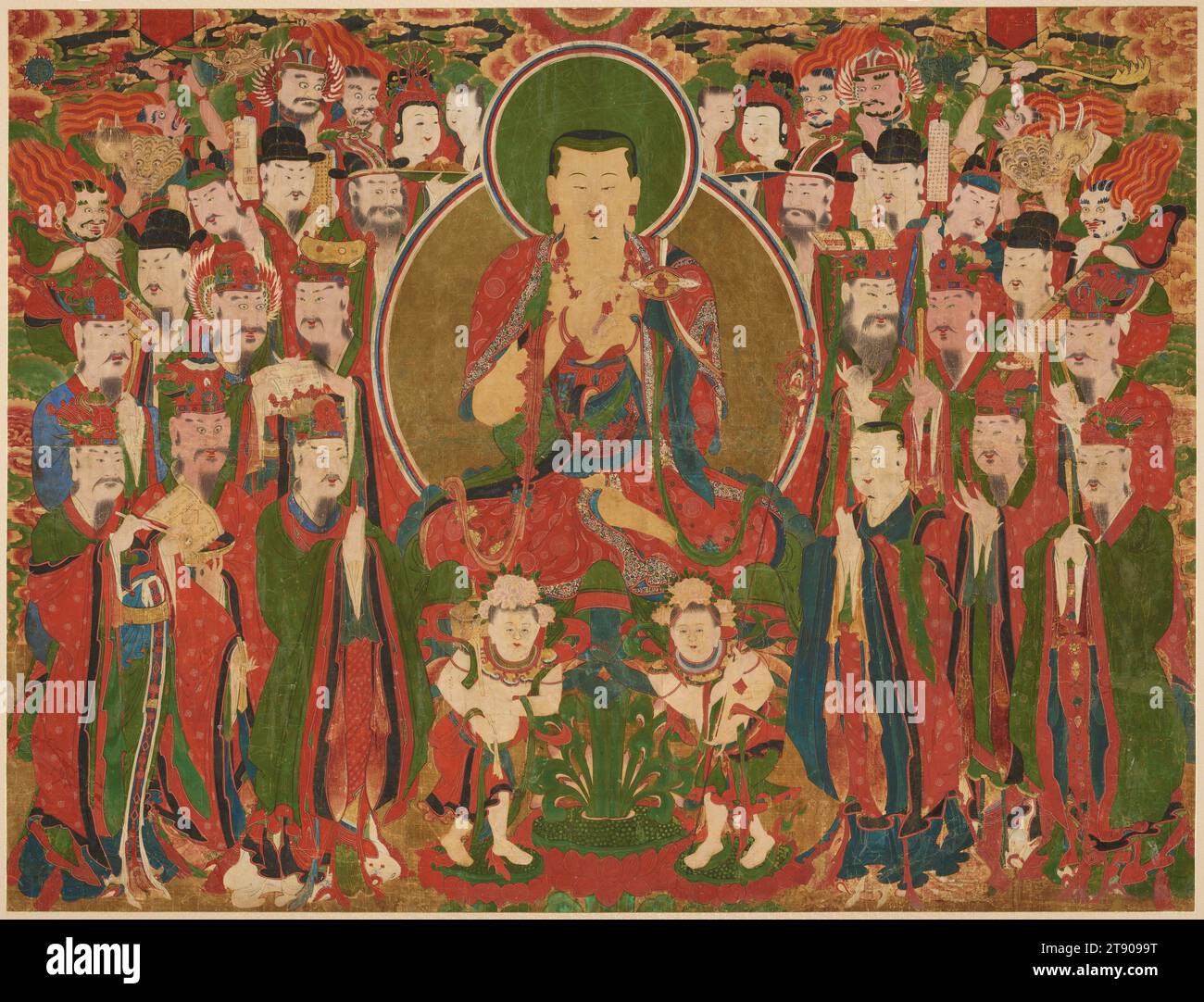 Ksitigarbha und die zehn Könige der Hölle, 18. Jahrhundert, Unbekannter Koreaner, 62 x 80 x 7/8 cm (157,48 x 203,2 x 2,22 cm), Tinte und Farbe auf Seide, Korea, 18. Jahrhundert, in Korea betonten buddhistische Klöster den gemeinschaftlichen Charakter der Anbetung, wobei Mönche und Laien Sutren singen und zeremonielle Opfergaben vor religiöse Bilder stellten. In der Folge wurden großformatige, farbenfrohe Gemälde während der Choson-Dynastie zu einem häufigen Merkmal in Gotteshäusern. Dieses Gemälde stellt Ksitigarbha dar, einen Bodhisattva, von dem angenommen wird, dass er im Namen von Menschen, die zu den Qualen der Hölle verurteilt sind, Fürsprache leistet. Stockfoto