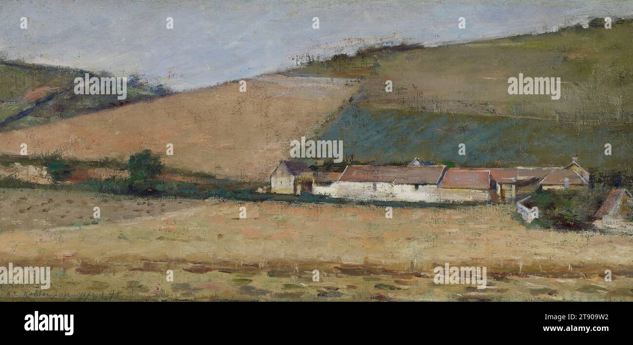 Farm Amony Hills, Giverny, ca. 1887, Theodore Robinson, amerikanisch, 1852 - 1896, 12 1/4 x 25 Zoll (31,12 x 63,5 cm) (Leinwand)24 7/8 x 37 3/4 Zoll (63,18 x 95,89 cm) (Außenrahmen), Öl auf Leinwand, USA, 19. Jahrhundert, dieses Werk mit dem losen, sichtbaren Pinselwerk, das für den Impressionismus charakteristisch ist, ist wegen seines geometrischen Stils eher ungewöhnlich. Das gesamte Bild besteht aus einfachen Formen, die zusammen eine ländliche Landschaft bilden. Theodore Robinson malte dieses Gemälde während seiner Zeit in der französischen Stadt Giverny (etwa 50 km nordwestlich von Paris), wo er bei dem impressionistischen Meister studierte Stockfoto