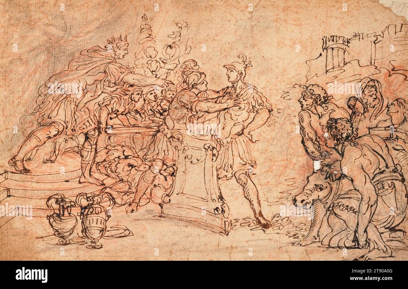 Mucius Scaevola Before Porsena, 1740er Jahre, Gaspare Diziani, Italienisch, 1689-1767, 1/2 x 7/16 Zoll (26,67 x 41,75 cm) (Blatt), Stift und braune Tinte, schwarze und rote Kreide, Italien, 18. Jahrhundert, die alte Geschichte von Mucius Scaevola war ein beliebtes Thema in der italienischen Kunst des 17. Und 18. Jahrhunderts. Als die antike Stadt Rom von etruskischen Truppen angegriffen wurde, schlich sich ein junger römischer Adliger Mucius in das feindliche Lager, um den König der Invasion, Porsena, zu töten. Mucius wurde jedoch ergriffen, nachdem er den Sekretär des Königs versehentlich getötet hatte. Gleichgültig gegenüber seinem scheinbar versiegelten Schicksal opferte Mucius seine rechte Hand Stockfoto