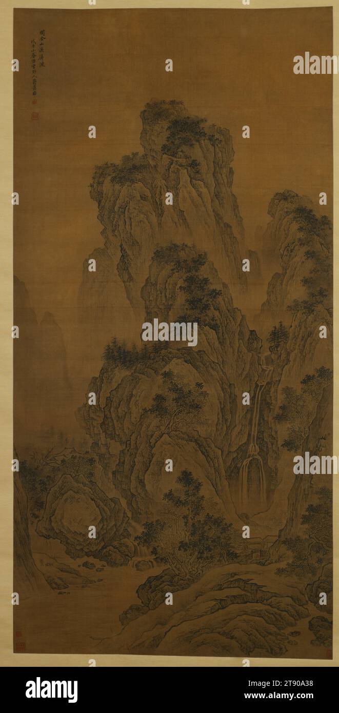 Warten auf die Fähre, 1618, Jiang Ai, Chinesisch, 1600 - 1640, 68 1/16 x 33 7/16 Zoll (172,88 x 84,93 cm) (Bild)106 5/16 x 40 7/16 Zoll (270,03 x 102,71 cm) (ohne Rolle), Tinte auf Seide, China, 17. Jahrhundert Stockfoto