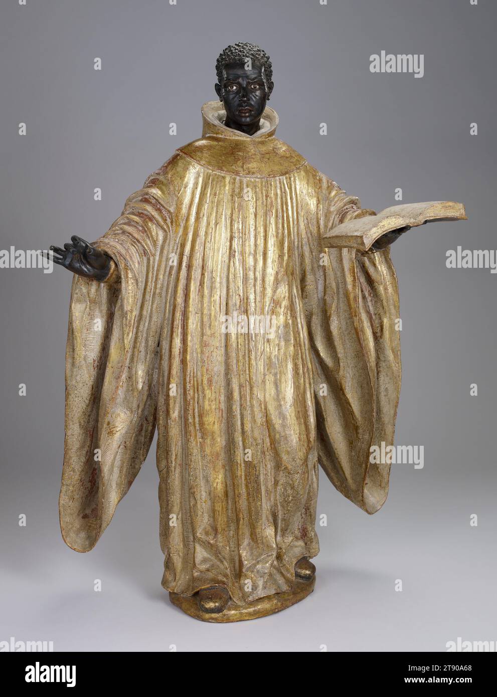 Benedikt von Palermo, um 1734, José Montes de Oca, Spanisch, um 1675–1750, 49 x 34 5/8 x 16 1/2 cm. (124,46 x 87,95 x 41,91 cm), polychromes und vergoldetes Holz, Glas, Spanien, 18. Jahrhundert, der Heilige Benedikt von Palermo (1524–1589) war der erste christliche heilige afrikanischer Herkunft, der in der Neuzeit kanonisiert wurde. Er wurde in Sizilien (damals ein Teil Spaniens) von Eltern geboren, die freigelassene Sklaven waren und angeblich aus Äthiopien stammten. Der Heilige Benedikt wurde als Vorbild für außerordentliche religiöse Hingabe, Weise Ratschläge und spirituelle Führung bewundert. Stockfoto