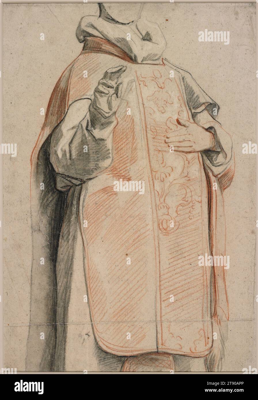 Studie einer Figur im Priestergewand, um 1650, Jacob Jordaens, Flämisch, 1593 - 1678, 15/16 x 1/16 Zoll (37,94 x 25,56 cm) (ca.)20 1/2 x 24 15/16 Zoll (52,07 x 63,34 cm) (Matte), schwarz-rote Kreide, geölte Holzkohle, graue Waschung, weiß erhöht, Belgien, im 17. Jahrhundert war Jacob Jordaens der führende Maler in Antwerpen in der Generation nach Rubens. Er wurde stark von dem älteren Künstler beeinflusst und arbeitete gelegentlich für ihn. Obwohl er heute vor allem für seine skurrilen Genrebilder bekannt ist, malte er auch religiöse, historische, mythologische und allegorische Werke. Stockfoto