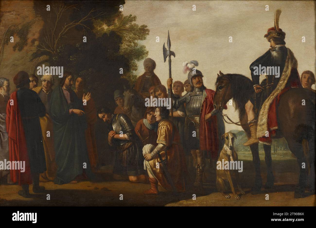 Christus mit dem Centurion, 1632, Nicolaes Cornelisz Moyaert, Niederländisch, 1591 - 1655, 3/4 x 1/4 Zoll (34,93 x 53,98 cm) (Sicht)20 3/8 x 7/8 Zoll (51,75 x 70,8 cm) (Außenrahmen), Öl auf Holzplatte, Niederlande, 17. Jahrhundert, Zeichner, Maler und Druckerei, Claes Cornelisz. Moeyaert war einer der produktivsten niederländischen Künstler seiner Zeit. Moeyaerts früherer Stil war einfach und oft ziemlich steif, und seine Motive waren in erster Linie Geschichtsbilder mit biblischen oder mythologischen Erzählungen. Nach Rembrandts Ankunft in Amsterdam wurde Moeyaerts Stil viel lebendiger Stockfoto