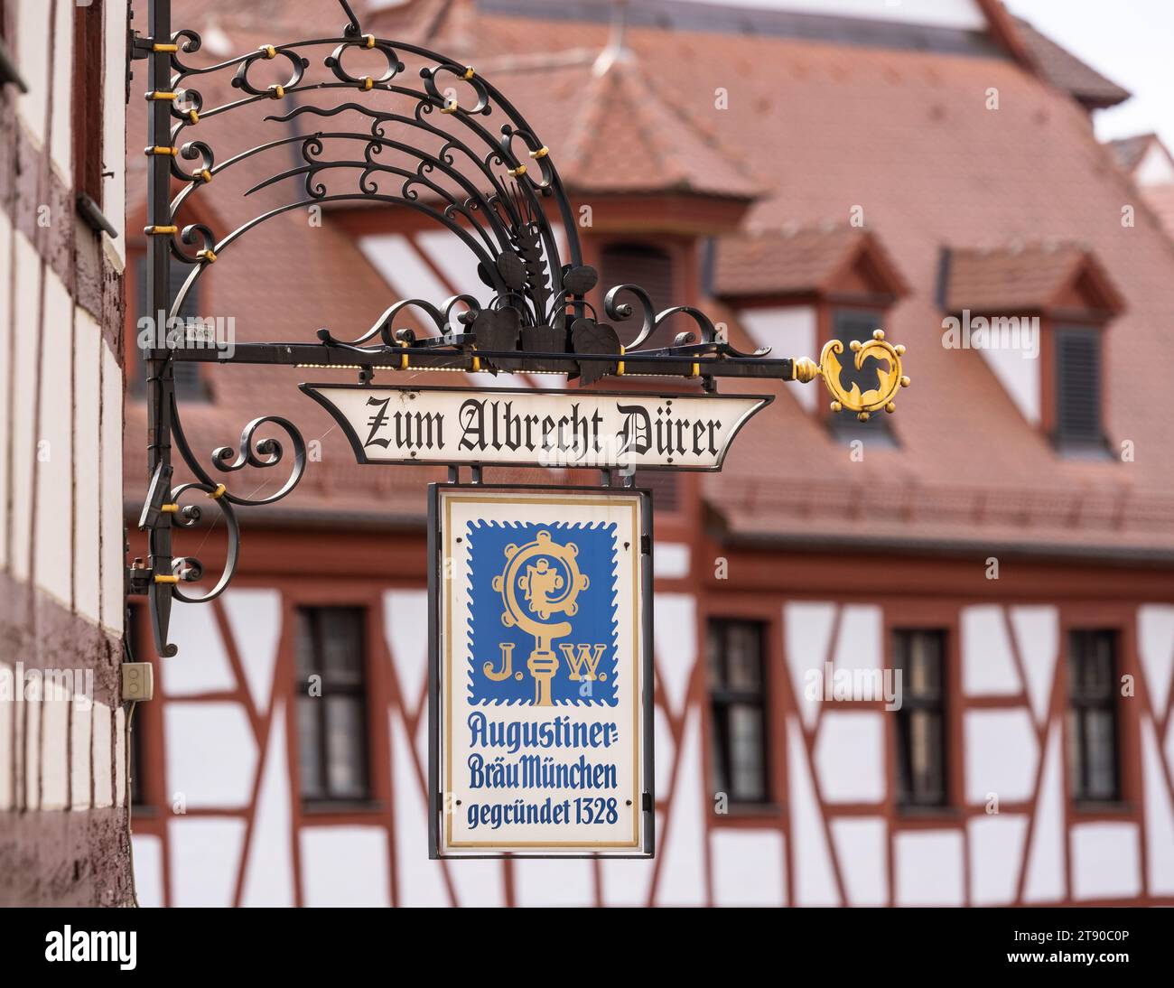 Detail des Restaurantschildes zum Albrecht Durer vom Aussichtspunkt Aussicht vom Olberg, Tiergartnertorplatz, Altstadt, Nürnberg, Deutschland Stockfoto