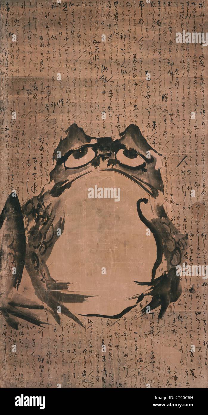 Frosch und Maus, Ende 18. Bis Anfang 19. Jahrhundert, Getsuju, Japanisch, aktiv Ende 18. Bis Anfang 19. Jahrhundert, 65 x 35 cm. (165,1 x 88,9 cm) (Bild), Tusche auf Papier, Japan, 18.-19. Jahrhundert, die kleine weiße Maus steht in starkem Kontrast zum großen Frosch, während eine moralische Beziehung zwischen den beiden den leeren Hintergrund füllt. Die Signatur lautet „Dairyūsai Getsuju beim Trinken“, was darauf hindeutet, dass das Gemälde während einer Trinkparty entstanden sein könnte. Über den Künstler ist noch wenig bekannt Stockfoto