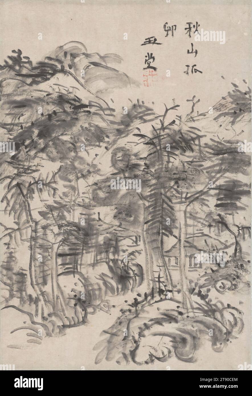 Isoliertes Dorf in den Herbstbergen, Ende 18. - Anfang 19. Jahrhundert, Urakami Gyokudō, Japanisch, 1745 - 1820, 8 5/8 x 7/8 cm (21,91 x 14,92 cm) (Bild)49 7/8 x 12 3/4 Zoll (126,68 x 32,39 cm) (Halterung, ohne Rolle), Tinte auf Papier, Japan, 18.-19. Jahrhundert Stockfoto