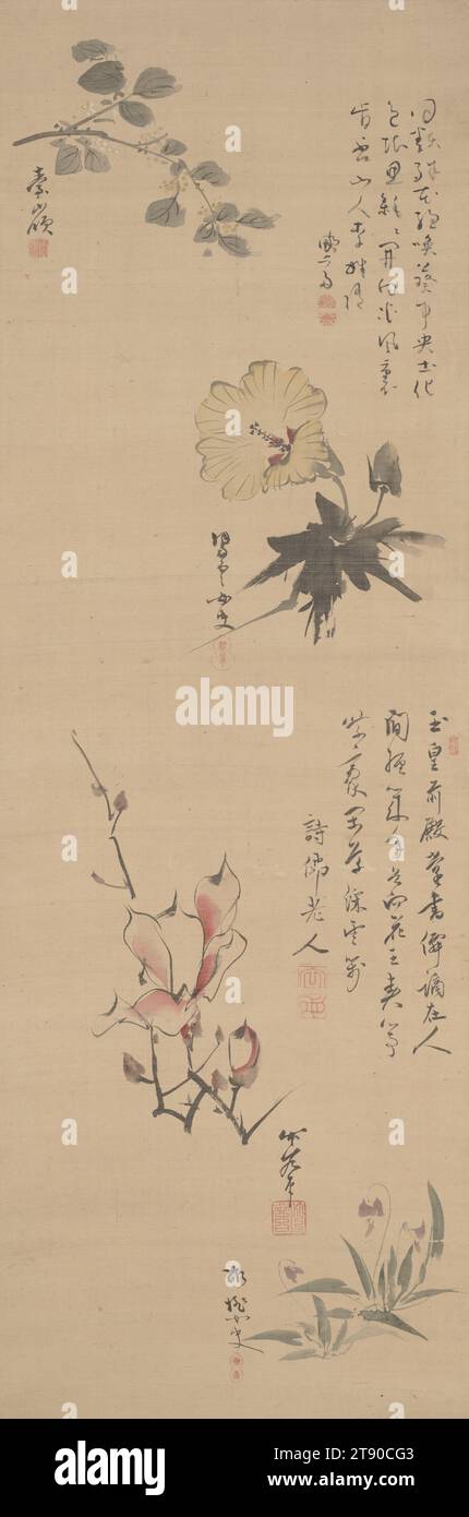 Blumen und Gedichte, erste Hälfte des 19. Jahrhunderts, Yoda Chikkoku; Künstler: Yamamoto Suiun; Künstler: Yamamoto Shōtō; Künstler: Ōkubo Shibutsu; Künstlerin: Magata Dairei; Künstlerin: Kameda Bōsai, Japanisch, 1752 - 1826, 38 11/16 x 13/16 cm (98,27 x 32,54 cm) (Bild)69 13/16 x 15/16 Zoll (177,32 x 45,56 cm) (Halterung, ohne Rolle), Tinte und Farbe auf Seide, Japan, 19. Jahrhundert Stockfoto