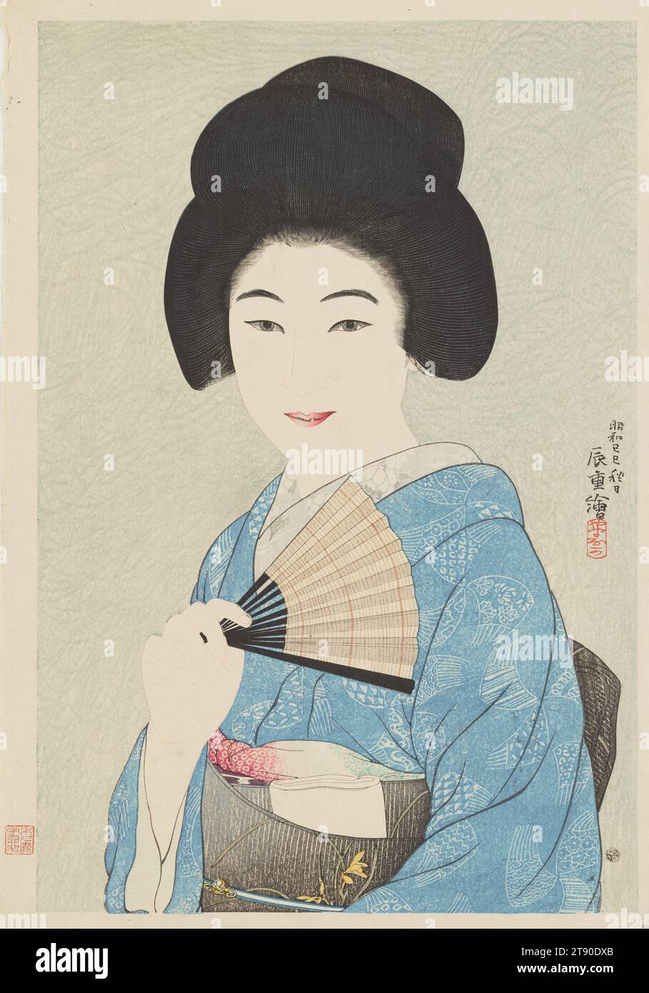 Filmschauspielerin Kurishima Sumiko, Herbst 1929, Yamanaka Kodō; Herausgeber: Watanabe Shōzaburō, Japanisch 1869 - 1945, 15 7/8 x 10 11/16 Zoll (40,32 x 27,15 cm) (Blatt), Holzblock-Druck; Tinte und Farbe auf Papier mit Prägung, Japan, 20. Jahrhundert Stockfoto