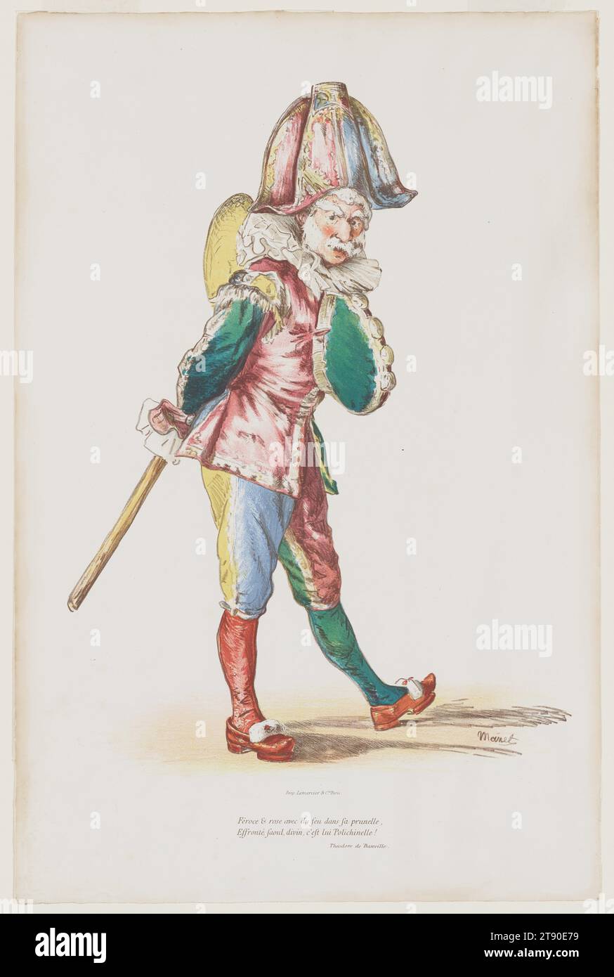 Polichinelle, 1876, Edouard Manet; Drucker: Lemercier & Cie., Paris, Französisch, 1832 - 1883, 21 1/2 x 14 1/8 Zoll (54,61 x 35,88 cm) (Blatt), Farblithographie, Frankreich, 19. Jahrhundert, so alt, Clownish Militäroffizier ist Polichinelle, bekannt für englischsprachiges Publikum aus den raucous Punch & Judy Puppet Shows, in denen die Charaktere sich gegenseitig mit Stöcken schlagen. Er entstand aus einer langen Theatertradition namens Commedia dell’Arte, die die Aufmerksamkeit von Generationen von Künstlern für ihre lebhafte – oft unangenehme – Action, extravagante Kostüme und offenbarende Wahrheiten auf sich zog Stockfoto