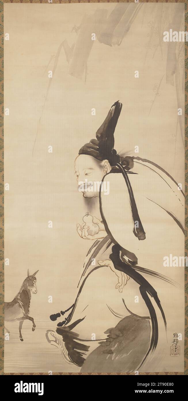 Der unsterbliche Zhang Guolao befreit seinen Maultier aus einem Gourd, Ende des 19. Jahrhunderts, Hashimoto Gahō, Japanisch, 1835–1908, 62 15/16 x 30 13/16 Zoll (159,86 x 78,26 cm) (Bild)89 3/4 x 38 3/16 Zoll (227,97 x 97 cm) (ohne Roller), hängende Rolle; Tusche und Goldfarbe auf Seide, Japan, 19. Jahrhundert, Unsterbliche, die nach dem chinesischen Wort xianjin als sennin bekannt sind, sind daoistische Transzendenten mit unterschiedlichen magischen Attributen. Im Fall von Zhang Guolao (Chōkarō auf Japanisch) ist seine einzigartige Eigenschaft seine Fähigkeit, sein Maultier zu falten, das ihn tausende Meilen ohne Ruhe tragen kann Stockfoto
