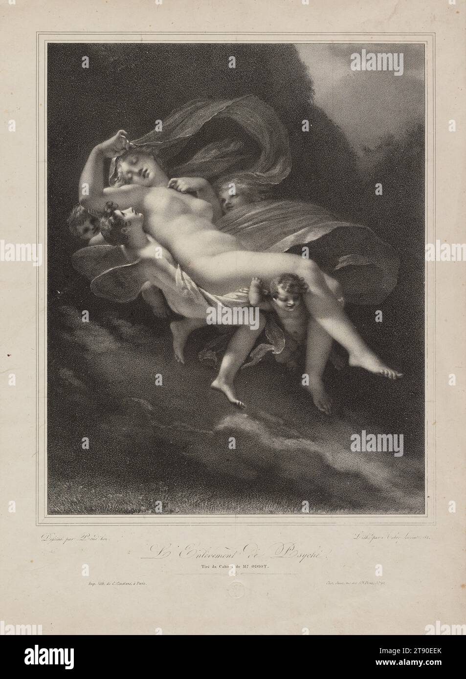 Psyche Carry Off by the Zephrys, 1824, Jean-Baptiste Aubry-Lecomte; Künstler: Nach Pierre-Paul Prud'Hon, Französisch, 1758–1823, 11 1/2 x 9 1/4 cm. (29,21 x 23,5 cm) (Bild)15 5/8 x 11 1/2 Zoll (39,69 x 29,21 cm) (Blatt)16 5/16 x 11 13/16 Zoll (41,43 x 30 cm) (Mount), Lithograph, Frankreich, 19. Jahrhundert, genannt der „Prinz der Lithographen“, Hyacinthe Aubry-Lecomte war einer der führenden Praktiker des neuen Mediums der Lithographie in der Restauration Paris. Er schuf geschickte Drucke nach bewunderten Gemälden zeitgenössischer Künstler, darunter Werke von Anne-Louis Girodet (seiner Lehrerin), Francois Gérard Stockfoto