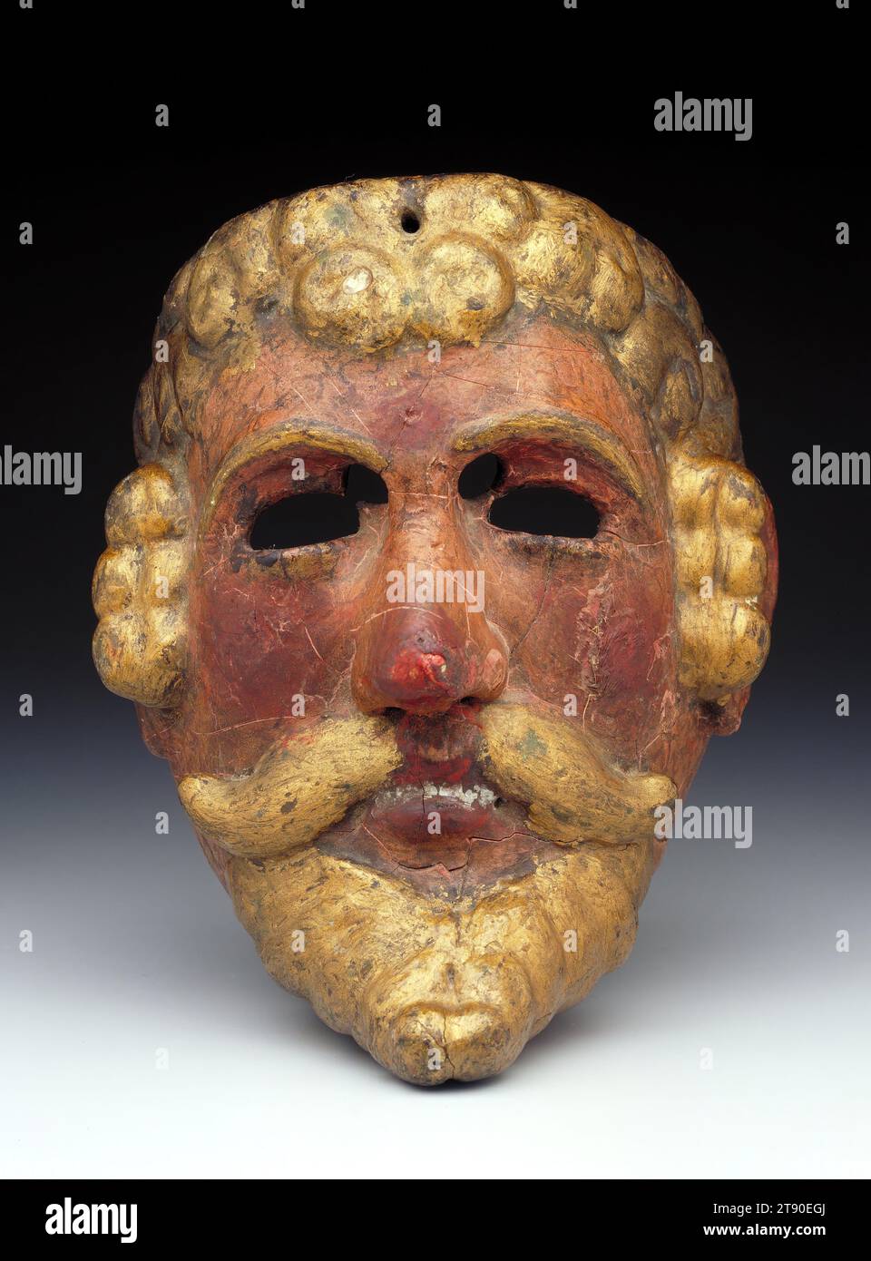 Maske, 19. Jahrhundert, 8 1/8 x 6 5/8 x 5 1/4 Zoll (20,64 x 16,83 x 13,34 cm), Holz, Pigment, Guatemala, 19. Jahrhundert, diese Maske stellt Pedro de Alvarado, einen Conquistador, dar und wird während des Eroberungstanzes verwendet, der in der Region Quiche in Guatemala aufgeführt wird. In diesem Tanz kämpfen Alvarado und seine Soldaten gegen Tecun Uman, einen der letzten großen Maya-Helden. Während des Kampfes fällt der Eroberer von einer großen Wunde, die Tecun Uman zugefügt hat, der glaubt, er hätte gewonnen und geht davon, aber Alvarado steht auf und tötet den Maya-Krieger, bevor er schließlich selbst stirbt. Stockfoto