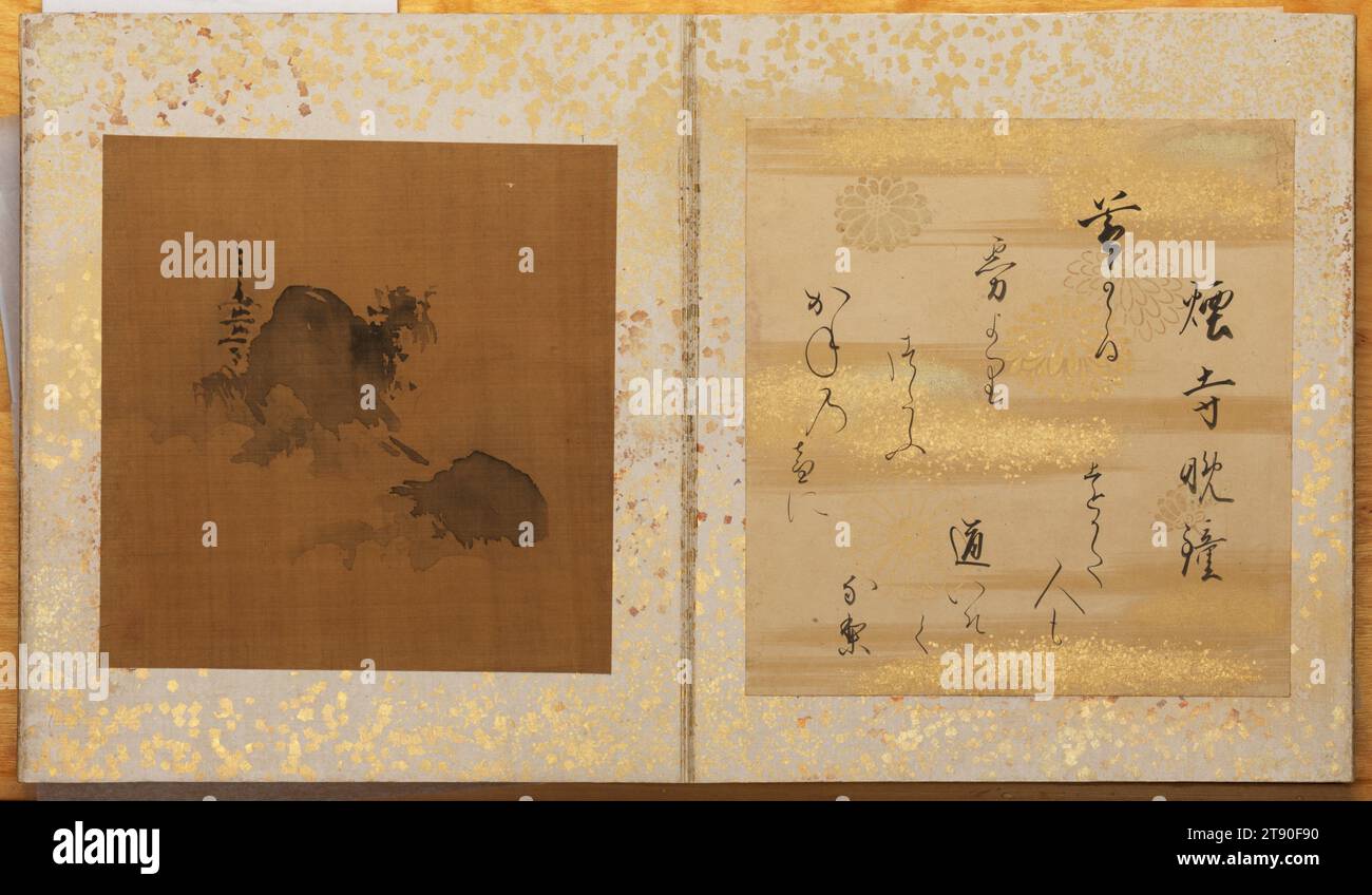 Acht Ansichten der Flüsse Xiao und Xiang, 17. Jahrhundert, Kano Tan'yū, Japanisch, 1602 - 1674, 1 7/8 x 10 1/2 x 9 7/8 Zoll (4,76 x 26,67 x 25,08 cm)7 x 6 3/4 Zoll (17,78 x 17,15 cm) (Blatt), Tinte auf Seide; Tinte, Gold und Glimmer auf Papier, Japan, 17. Jahrhundert, die acht Ansichten des Xiao und Xiang Flusses waren ein beliebtes Thema in der ostasiatischen Malerei und Poesie. Es zelebrierte die Schönheit einer Region im Südosten Chinas, in der die beiden Flüsse zusammenfließen. Dieses Album besteht aus acht Gemälden von Kano Tan’yū, einer zentralen Figur des Kano-Hauses aus der Edo-Zeit. Als er erst 15 Jahre alt war, hieß er goyō eshi Stockfoto
