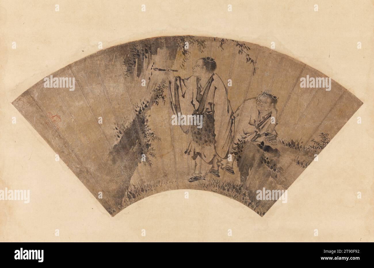 Hanshan und Shide, Mitte des 16. Jahrhunderts, zugeschrieben Kano Yukinobu, Japanisch, um 1513 - 1575, 8 3/4 x 17 1/8 cm. (22,23 x 43,5 cm) (Bild)42 11/16 x 20 5/8 Zoll (108,43 x 52,39 cm) (Montierung, ohne Rolle), Tinte und Gold auf Glimmerpapier, Japan, 16. Jahrhundert, Kanzan (chinesisch: Hanshan) und Jittoku (CH.: Shide), ein Paar chinesischer Mönchsdichter aus dem 9. Jahrhundert, erscheinen fast immer zusammen in der japanischen Malerei. In dieser Komposition – basierend auf einem Werk des chinesischen Malers Muqi Fachang aus dem 13. Jahrhundert, das später zu einem Stockbild für japanische Maler wurde, die mit dem Kano-Haus verbunden waren – wird Jittoku dargestellt Stockfoto