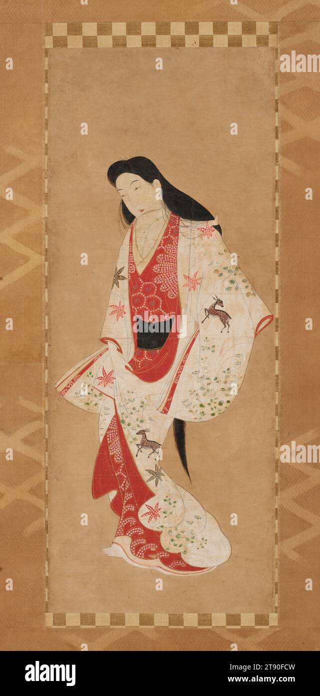 Lady aus der Episode „Visiting Kawachi“ der Geschichten von Ise, zweite Hälfte des 17. Jahrhunderts, Unbekanntes Japanisch, 25 1/16 x 10 1/8 cm. (63,66 x 25,72 cm) (Bild), Tinte und Farbe auf Papier, Japan, Nikuhitsu, der Körper einer einzelnen weiblichen Figur bildet eine dramatische S-Form vor einem leeren Hintergrund. Mit ihrer rechten Hand hebt sie ihren Saum an und bietet uns einen besseren Blick auf die Designmotive, die ihre Gewänder zieren: Ahornblätter, Hirsche, Herbstblumen und Gräser auf einem weißen äußeren Gewand und Chrysanthemen und Kampfwellen auf ihrem roten inneren Gewand. Diese Kombination von Motiven spielt auf ein Gedicht an Stockfoto