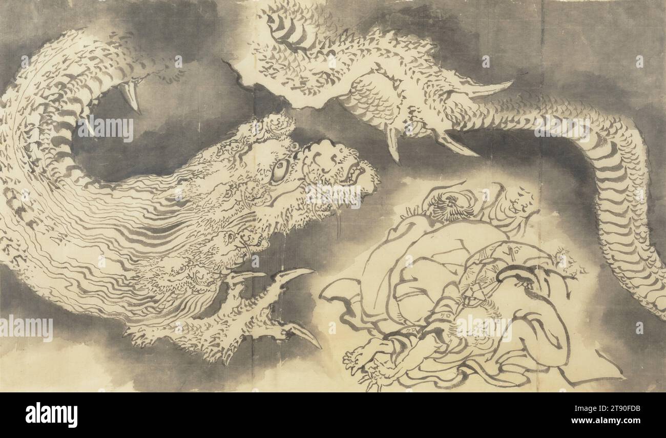 Drache, 19. Jahrhundert, Katsushika Hokusai, Japanisch, 1760 - 1849, 15 3/8 x 24 1/8 Zoll (39,05 x 61,28 cm) (Bild)15 5/8 x 25 1/2 Zoll (39,69 x 64,77 cm) (Blatt)20 7/8 x 30 3/4 x 3/4 Zoll (53,02 x 78,11 x 1,91 cm) (Außenrahmen), Tinte auf Papier, Japan, 19. Jahrhundert Stockfoto