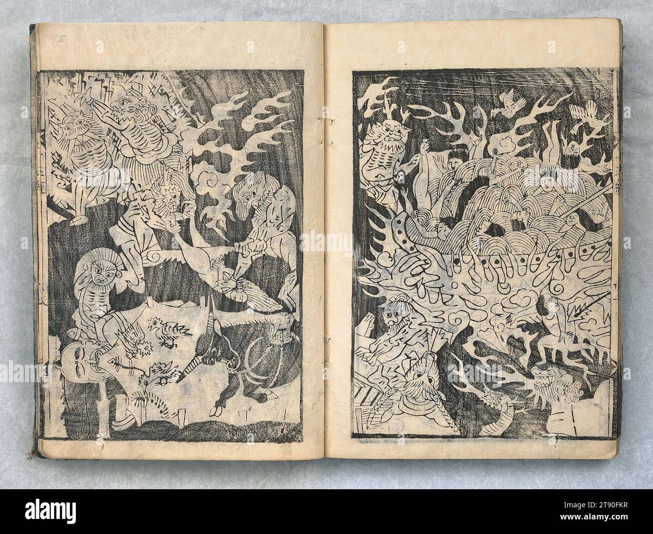 Sutra über die zehn Könige der Hölle, 18. Jahrhundert, Unbekanntes Japanisch, 10 3/8 x 7 1/2 x 3/8 cm (26,35 x 19,05 x 0,95 cm), Woodblock gedrucktes Buch; Tinte und Farbe auf Papier, Japan, 18. Jahrhundert, Erstausgabe ab 1594; His ist eine spätere Ausgabe. 23-seitiges Buch mit Illustrationen des Mönchs Tokusen Stockfoto