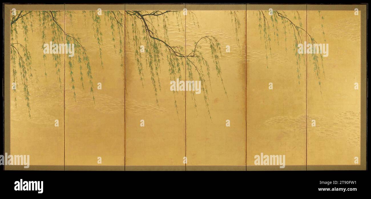 Willow links von einem Paar Cherry and Willow, erste Hälfte des 17. Jahrhunderts, Hasegawa School, 63 15/16 x 141 7/8 cm. (162,4 x 360,36 cm) (Bild)70 x 148 1/4 x 3/4 Zoll (177,8 x 376,56 x 1,91 cm) (Außenrahmen), Farbe, Goldfarbe, Blattgold und Moriage auf Papier, Japan, 17. Jahrhundert, überhängende Äste einer Weide mit kürzlich gekeimten Blättern, Zweige eines Kirschbaums in voller Blüte, und die Oberseite eines Klumpens blühender Gräser sind die einzigen gemalten Motive in diesem Paar Klappschirme. Es gibt jedoch noch viel mehr zu entdecken, wenn wir genau hinschauen. Eine unsichtbare Brise zieht von links herein Stockfoto