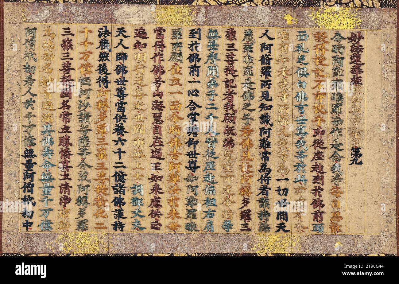 Kapitel 9 des Lotus Sutra, Anfang des 14. Jahrhunderts, Unbekanntes Japanisch, 9 x 15 3/4 cm. (22,86 x 40,01 cm) (Bild)43 x 22 1/2 Zoll (109,22 x 57,15 cm) (Halterung, ohne Rolle), Seide auf Papier gestickt, Japan, 14. Jahrhundert, lehrt das Lotus Sutra, dass Erlösung für alle Lebewesen erreichbar ist und sagt ausdrücklich, dass Frauen auch buddhas werden können. Diese unkomplizierte Lehre machte sie zu einer der einflussreichsten buddhistischen Schriften und zu einer besonders populären, vor allem bei Frauen. Über die frühe Herstellung von gestickten buddhistischen Sutras wie diesem ist nur sehr wenig bekannt. Stockfoto