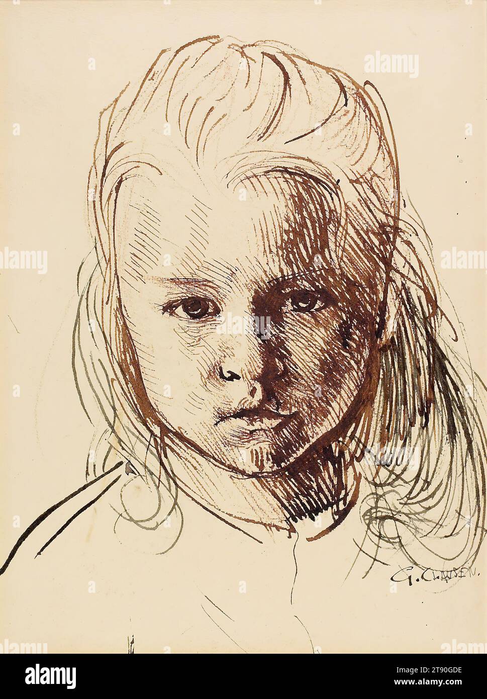 Ein wenig rustikal, Ende des 19. Jahrhunderts, Sir George Clausen, Englisch, 1852 - 1912, 13 x 9 7/8 Zoll (33,02 x 25,08 cm) (Blatt), Stift und braune Tinte, England, 19. Jahrhundert Stockfoto