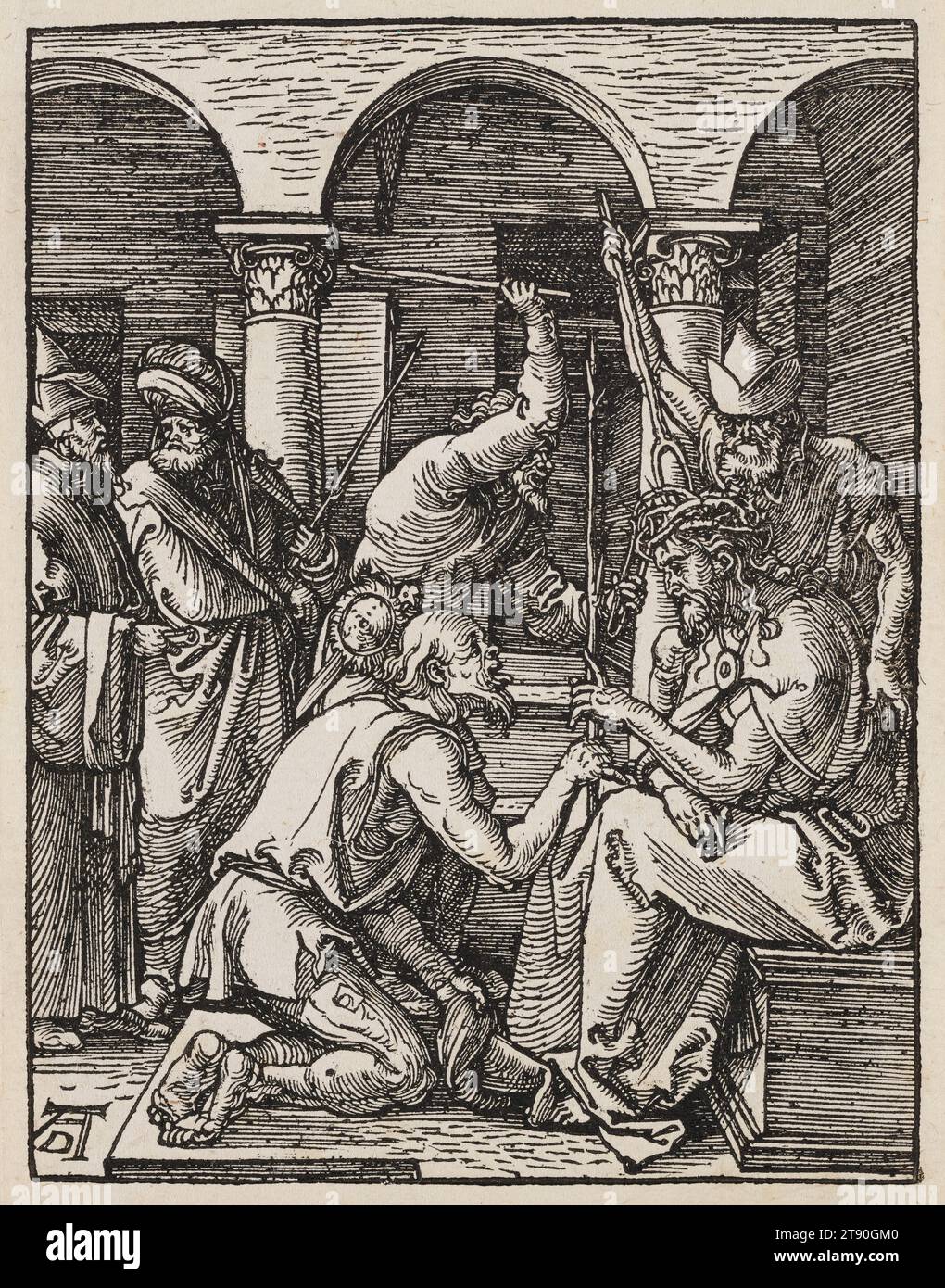 Christus mit Dornen gekrönt, um 1509, Albrecht Dürer, Deutsch, 1471–1528, 5 x 3 13/16 Zoll (12,7 x 9,68 cm) (Bild)5 5/16 x 4 1/8 Zoll (13,49 x 10,48 cm) (Blatt), Holzschnitt, Deutschland, 16. Jahrhundert, Christus sitzt auf einer Steinbank, umgeben von drei Peiniger. Die Krone ist so stachelig, dass einer der Männer sie mit einer Zange hält, während ein anderer sie mit einer Gabel auf den Kopf Christi drückt. Der dritte Mann kniet vor ihm und streckt seine Zunge aus, händigt Christus sein Zepter, einen Schössling oder einen Baumzweig, aus dem nach der Legende ein weiteres Kreuz wachsen könnte. Im Hintergrund zwei Zahlen Stockfoto