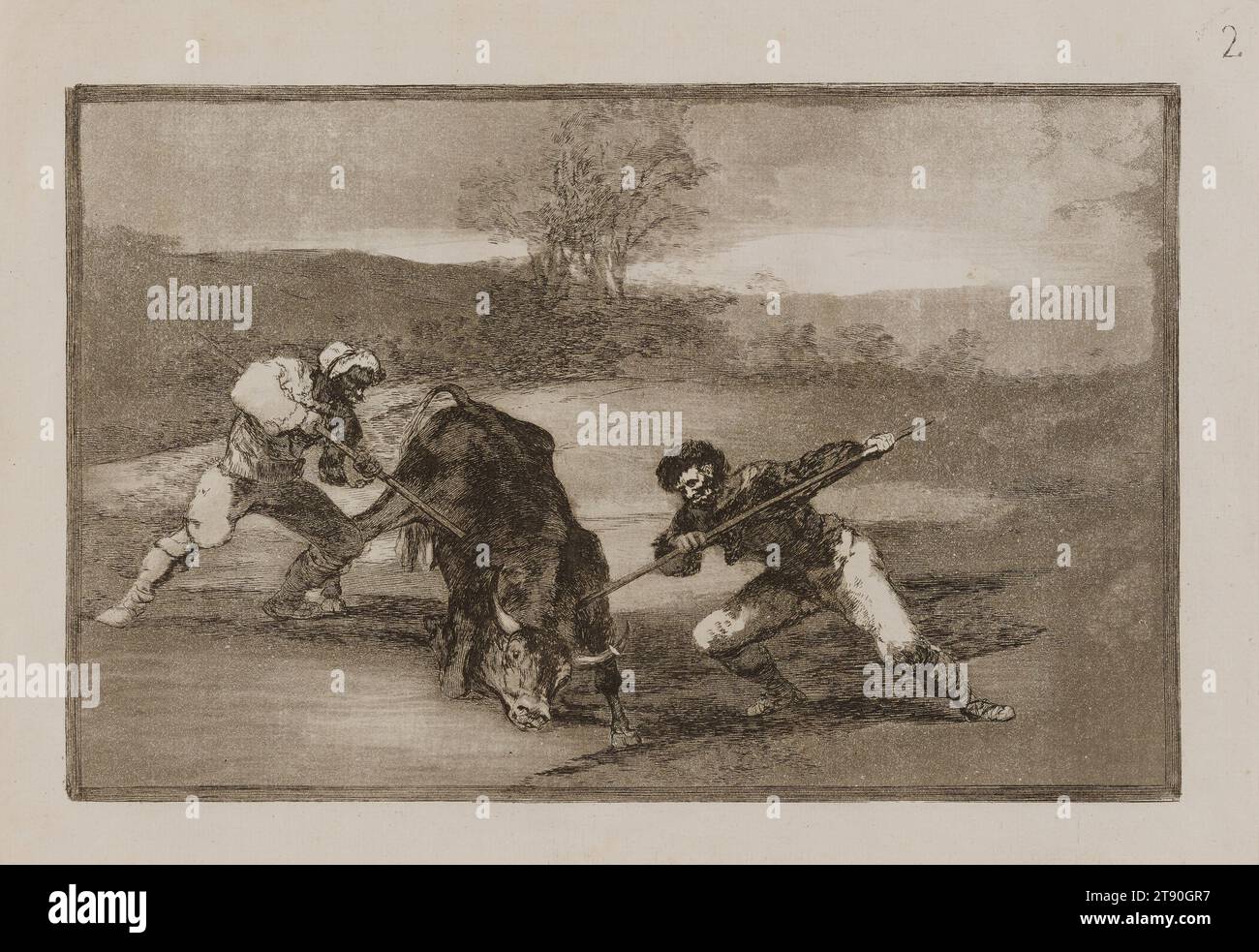 Otro modo de cazar á Pie (eine andere Art der Jagd zu Fuß), 1816, Francisco José de Goya y Lucientes, Spanisch, 1746–1828, 7 11/16 x 12 1/8 cm. (19,53 x 30,8 cm) (Bild)9 9/16 x 13 3/4 Zoll (24,29 x 34,93 cm) (Platte)11 3/8 x 16 1/4 Zoll (28,89 x 41,28 cm) (Blatt), Ätzen, brünierter Aquatint, Trockenspitze und Burium, Spanien, 19. Jahrhundert, in der 33 gedruckten Serie „Tauromaquia“ zeichnet Goya die Geschichte des Stierkampfes in Spanien nach, von Männern auf offenem Feld, wie sie im Otro modo de cazar á Pie (eine andere Art der Jagd zu Fuß) zu sehen sind, bis hin zu dem modernen, ritualisierten Spektakel, das es im 18. Jahrhundert wurde. Stockfoto