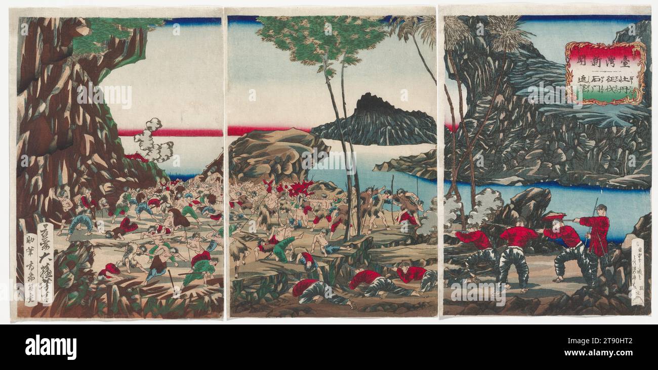 The Taiwan News: Advance on Shimen during the Subjugation of Mudan, ca. 1874, Tsukioka Yoshitoshi; Künstler: Kobayashi Toshimitsu; Herausgeber: Yorozuya Magobei, Japanisch, 1839 - 1892, 14 1/2 x 3/4 Zoll (36,83 x 24,77 cm) (Blatt, jeweils ca., vertikales ōban-Triptychon), Holzblock-Druck (nishiki-e); Tinte und Farbe auf Papier, Japan, 19. Jahrhundert, mit Unterstützung von Kōsai Toshimitsu. Die Schlacht fand im Mai 1874 statt, und dieser Druck muss kurz darauf erschienen sein Stockfoto