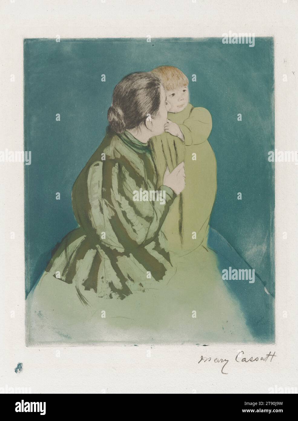 Mutter und Kind, 1894, Mary Cassatt, Amerikanisch, 1844–1926 13/16 x 1/2 Zoll (30 x 24,13 cm) (Bild)11 3/4 x 9 9/16 Zoll (29,85 x 24,29 cm) (Platte)17 1/8 x 12 1/16 Zoll (43,5 x 30,64 cm) (Blatt), Farbdruck, Farbdruck, Farbdruck, monotypischer Tusche und Farbtupfer, Frankreich, 19. Jahrhundert, die amerikanische Expatriate Mary Cassatt spielte eine zentrale Rolle in der progressiven Pariser Kunstszene, beginnend mit ihrem Auftritt in der impressionistischen Ausstellung von 1879. Obwohl sie anfangs die Druckerei verachtete, liebte Cassatt die Strenge und die endlosen Möglichkeiten. Stockfoto