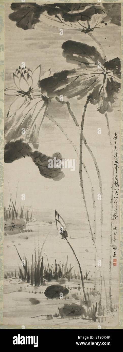 Tinte Lotus nach Bada Shanren, 1727, Gao Fenghan, Chinesisch, 1683 - 1748, h 53-9/16 x B 19-1/8 Zoll (Bild), Ink on Paper, China, 18. Jahrhundert, geboren in der Provinz Shandong, absolvierte Gao Fenghan 1728 eine Sonderprüfung der Regierung und wurde zum Amt in der Provinz Anhui ernannt, wo er viele Gelehrte, Beamte und Künstler traf, darunter mehrere aus Suzhou, Nanjing und Yangzhou. Das Modell für dieses Gemälde ist der große individualistische Maler Zhu da oder Bada Shanren (1626–1705), der einen enormen Einfluss auf die Maler in der Gegend von Yangzhou hatte und chinesische Künstler bis weit ins 20. Jahrhundert hinein beeinflusste Stockfoto