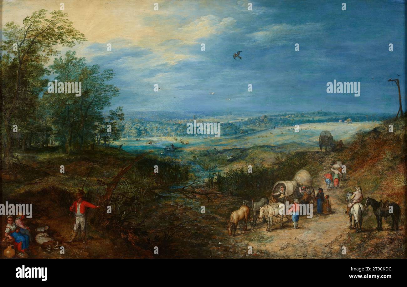 Landschaft mit Bauern, ca. 1604, Jan Brueghel der ältere, Flämisch, 1568 - 1625, 14 1/8 x 22 3/8 Zoll (35,9 x 56,8 cm), Öl auf Hartholz, Niederlande, 17. Jahrhundert, Jan Brueghel der ältere war der Sohn von Pieter Bruegel dem Älteren und der Vater von Jan Breughel dem Jüngeren – allesamt fruchtbare und talentierte Landschaftsmaler, jeder mit seinem eigenen Können und Erbe. Jan Brueghel der ältere erhielt den Namen „Velvet Brueghel“, weil er reiches und zartes Material malte. Hier wird die üppige Landschaft von einer strahlenden Sonne beleuchtet, und die Bäume, die Stadt und die Hügel im Hintergrund sind trübe Blau Stockfoto