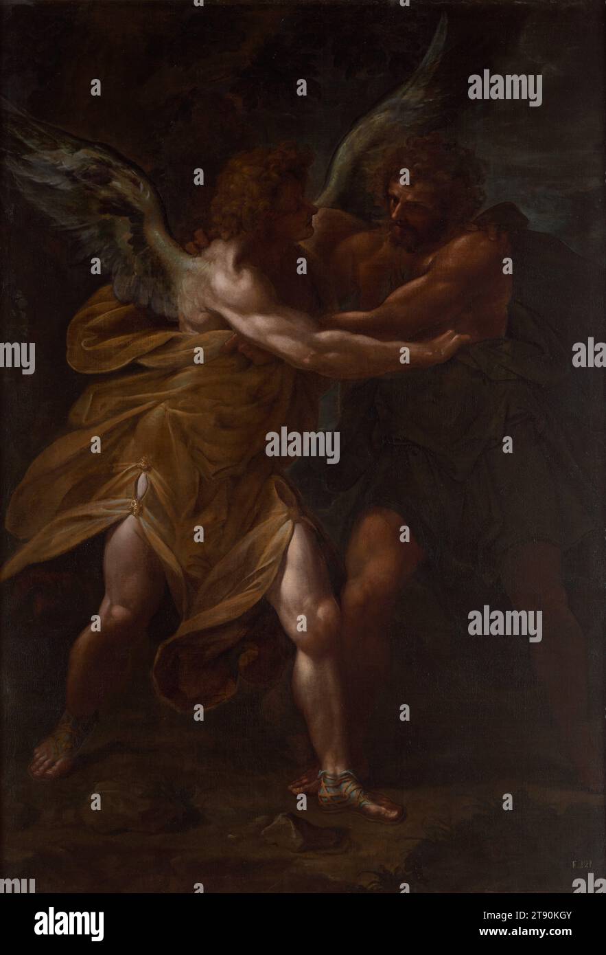 Jacob Wrestling mit dem Engel, Anfang der 1620er Jahre, Cristoforo Roncalli (il Pomarancio), Italienisch, (Toskana), ca. 1553-1626, 96 1/2 x 65 3/4 Zoll. (245,11 x 167,01 cm) (Sicht)107 1/2 x 75 1/4 x 1/2 Zoll (273,05 x 191,14 x 8,89 cm) (Außenrahmen), Öl auf Leinwand, Italien, 17. Jahrhundert, dieses traumhafte Gemälde zeigt Jakobs Begegnung mit einem Engel auf seiner Heimreise nach Kanaan. Jakob hatte seine Familie und seine Diener nach vorne geschickt, um seinen Zwillingsbruder Esau zu treffen, zusammen mit seinem besten Vieh, das als Friedensopfer gegeben wurde. In der Nacht allein gelassen, traf Jacob einen Fremden und kämpfte bis zum Morgengrauen mit ihm. Stockfoto