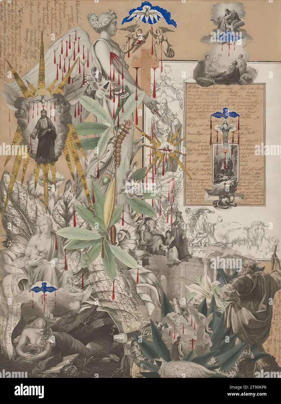 Blood Collage, ca. 1850–60, John Bingley Garland, Britisch, 1791–1875 5/8 x 1/8 Zoll (52,4 x 38,4 cm) (Blatt)29 1/2 x 24 5/16 x 1 3/4 Zoll (74,9 x 61,8 x 4,4 cm) (äußerer Rahmen), Collage aus Gravur und Goldpapier, mit Gouache, roter indischer Tinte, Goldfarbe und Inschriften in Stift und Tinte, auf poliertem Trägerpapier, England, 19. Jahrhundert, John Bingley Garland war ein wohlhabender englischer Kaufmann, Politiker, Staatsdiener und Collage-Künstler. Er lebte vier Jahre in Neufundland, in zwei verschiedenen Stationen, wo er das Fischhandelsgeschäft seiner Familie leitete Stockfoto